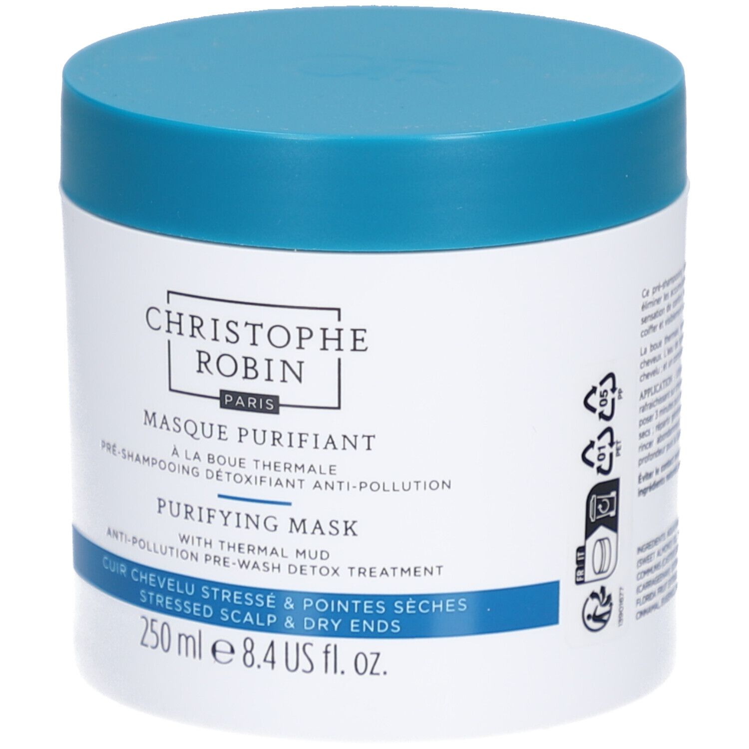 Pot blanc à couvercle bleu. Inscription: Christophe Robin Paris, Masque Purifiant, Purifying Mask, 250 ml.
