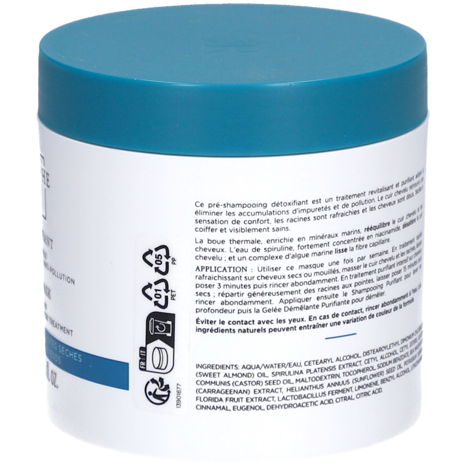 Dos du pot blanc à couvercle bleu. Texte avec ingrédients et instructions d'utilisation.