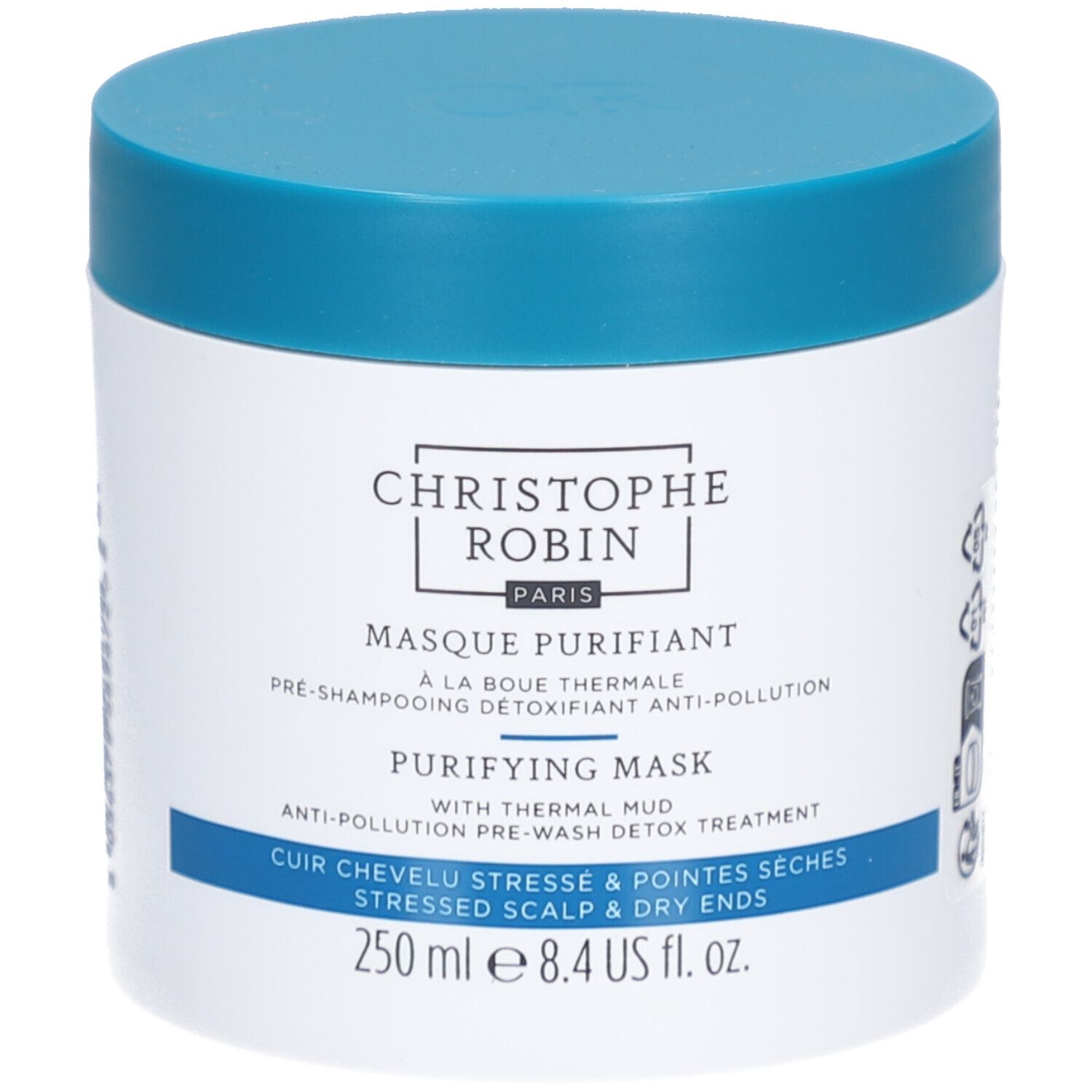 Pot blanc à couvercle bleu. Inscription: Christophe Robin Paris, Masque Purifiant, Purifying Mask, 250 ml.