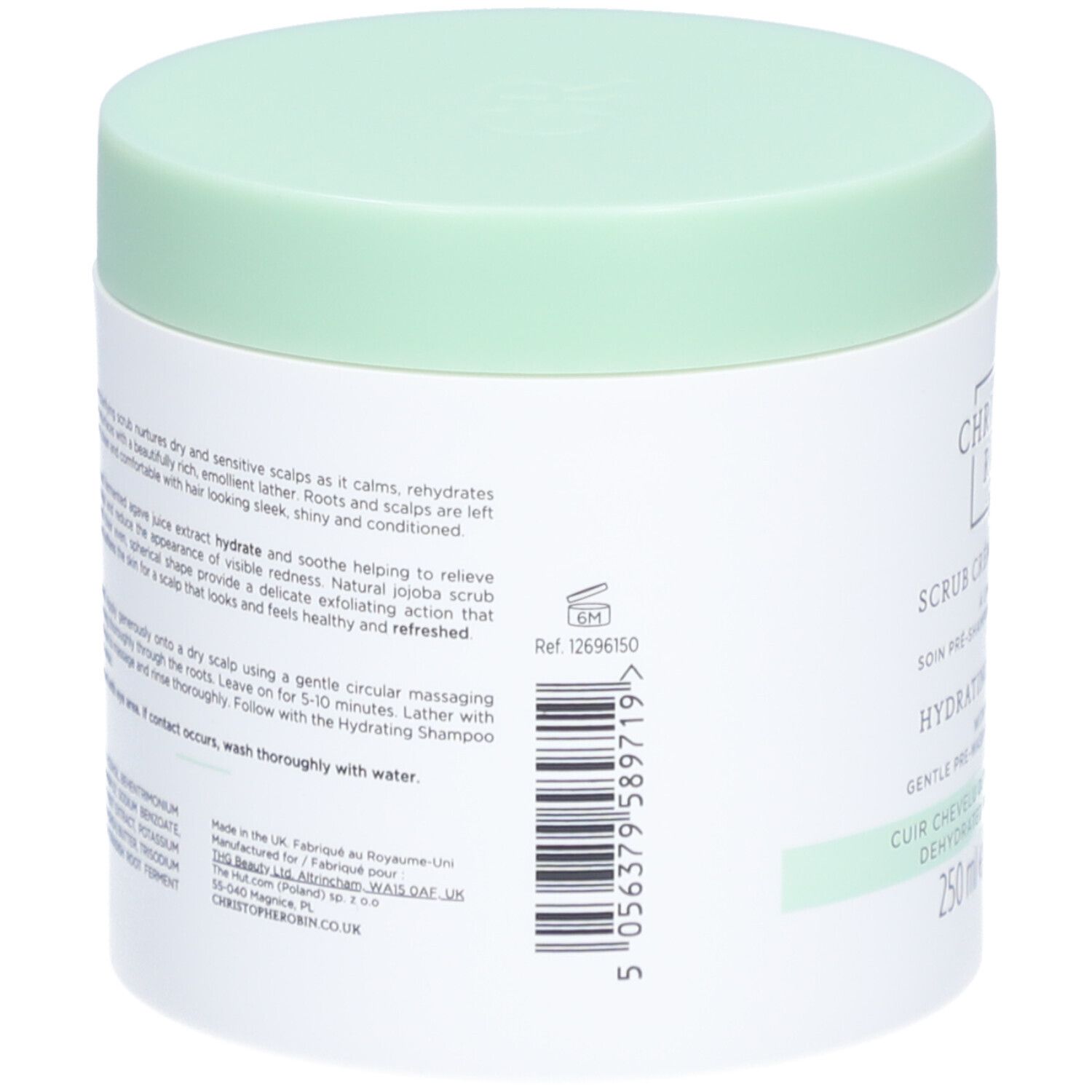 Weißer Tiegel mit hellgrünem Deckel. Text auf der Rückseite. Barcode und Ref. 12696150.