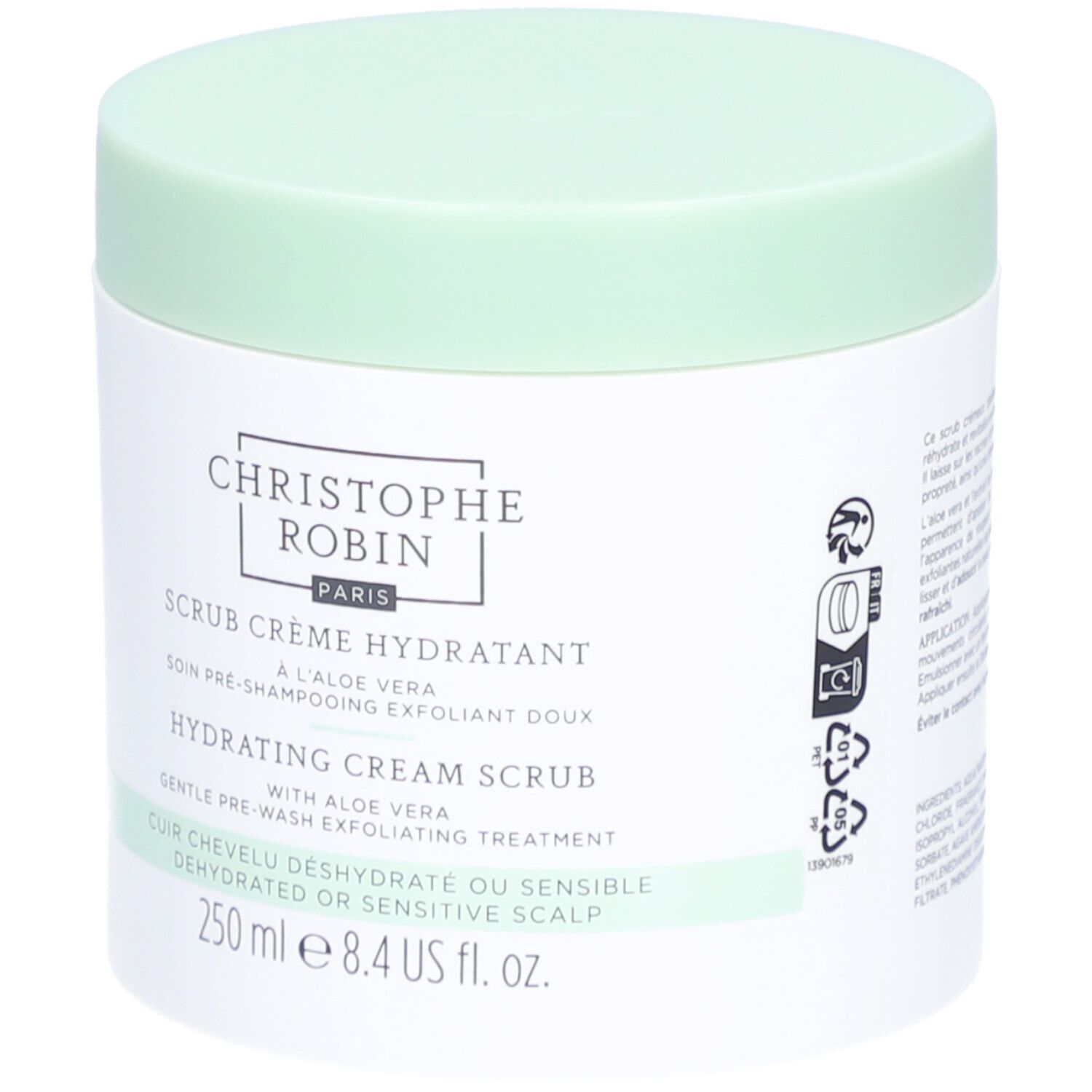 Weißer Tiegel mit hellgrünem Deckel. Aufschrift: CHRISTOPHE ROBIN PARIS, Scrub Crème Hydratant, 250 ml.