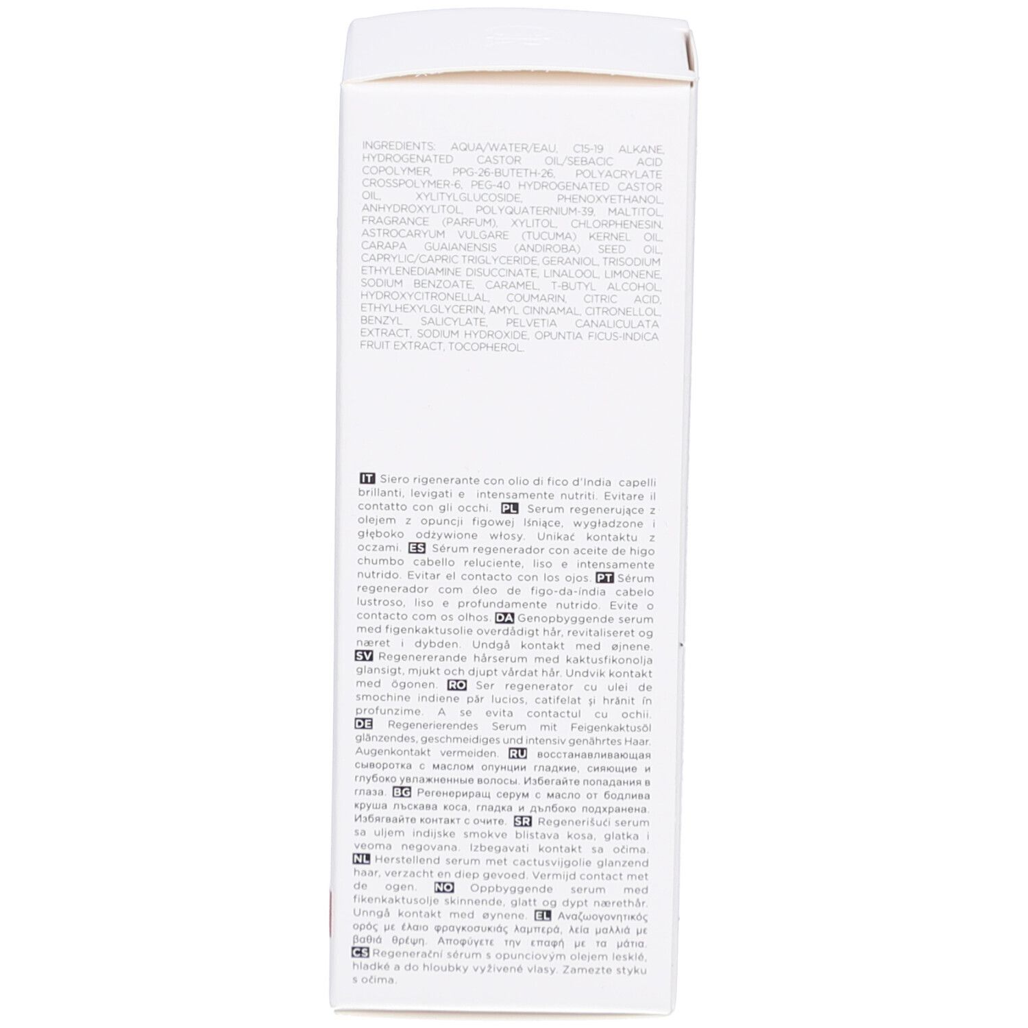 Intérieur de la boîte blanche. Ingrédients et mode d'emploi en plusieurs langues.