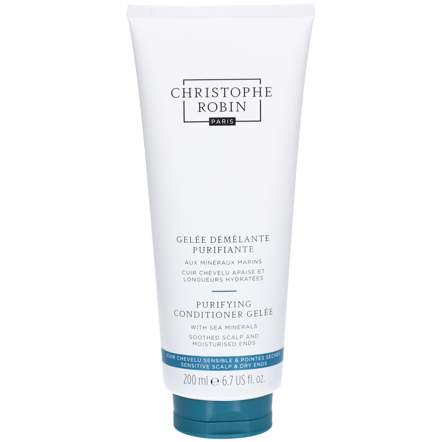 Weiß-blaue Tube. Aufschrift: CHRIS ROBIN PARIS, GELEE DÉMÊLANTE PURIFIANTE, PURIFYING CONDITIONER GELEE. 200 ml.