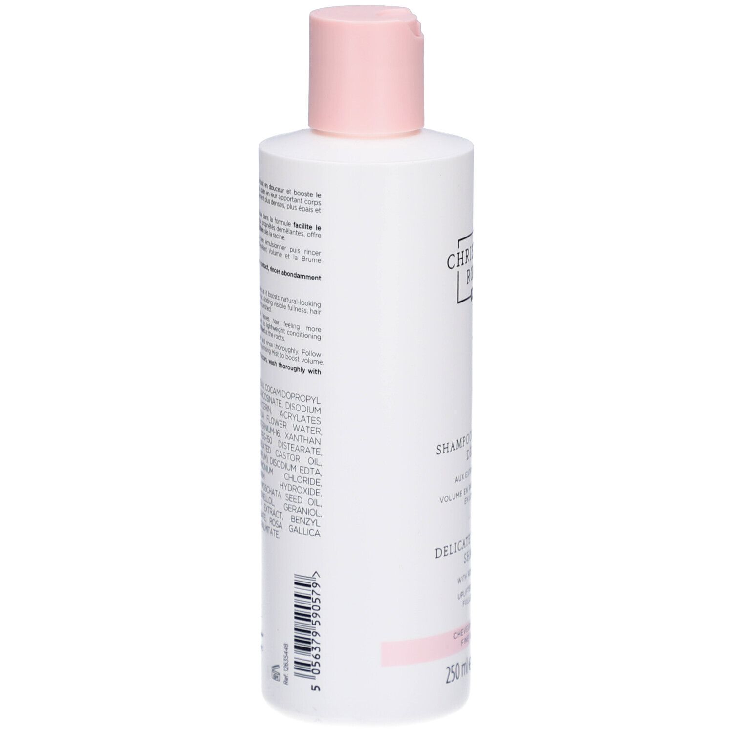Rückseite einer weißen Flasche mit rosa Verschluss. Text und Inhaltsstoffe in mehreren Sprachen. Barcode und Produktionsinformationen.