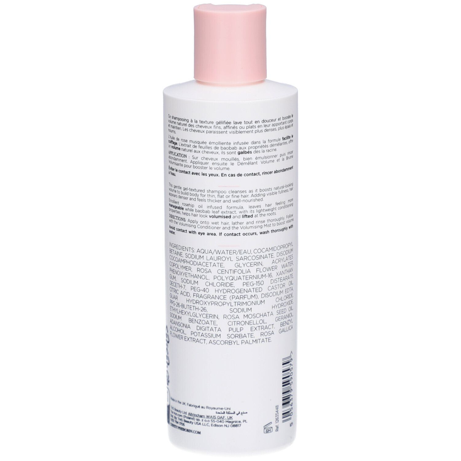 Rückseite einer weißen Flasche mit rosa Verschluss. Text und Inhaltsstoffe in mehreren Sprachen. Barcode und Produktionsinformationen.