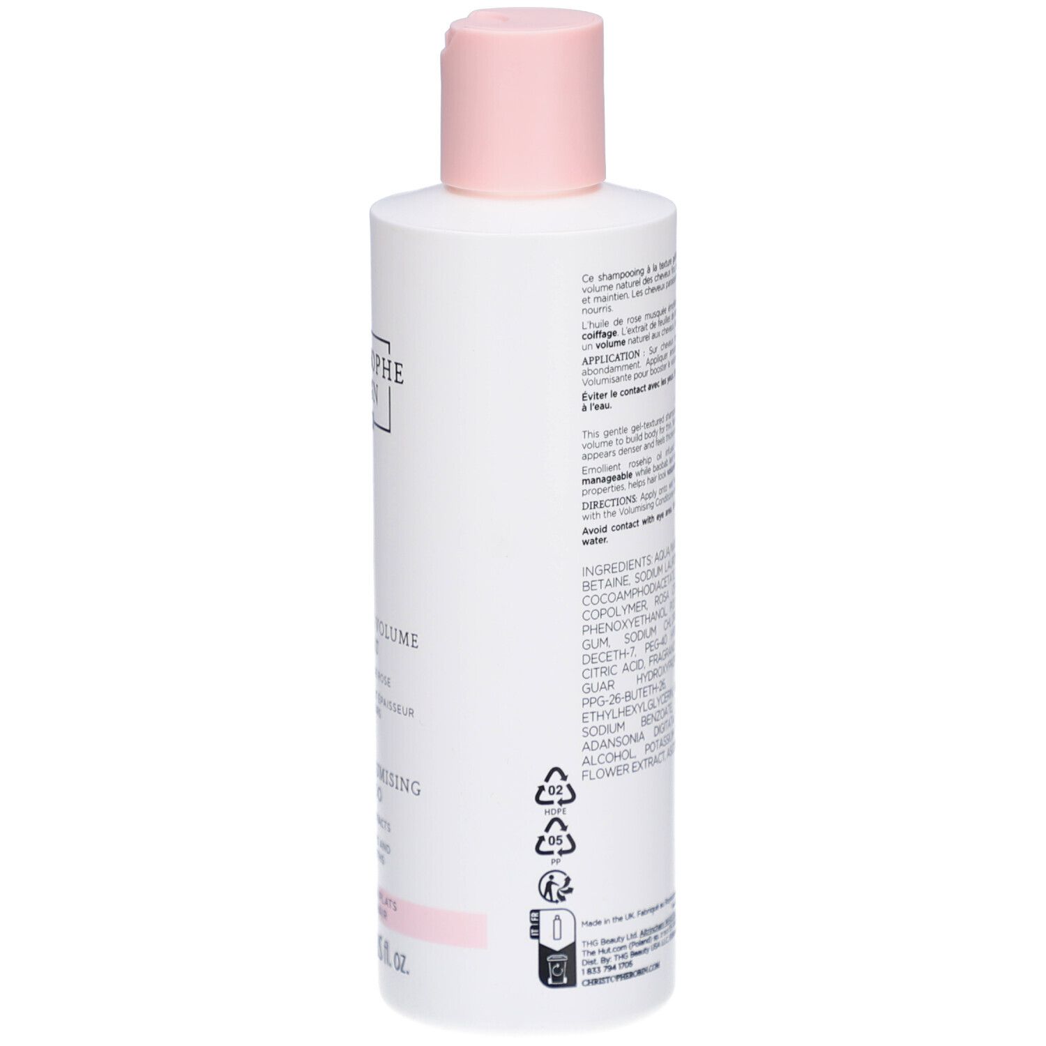 Rückseite einer weißen Flasche mit rosa Verschluss. Text und Inhaltsstoffe in mehreren Sprachen. Piktogramme und Produktionsinformationen.