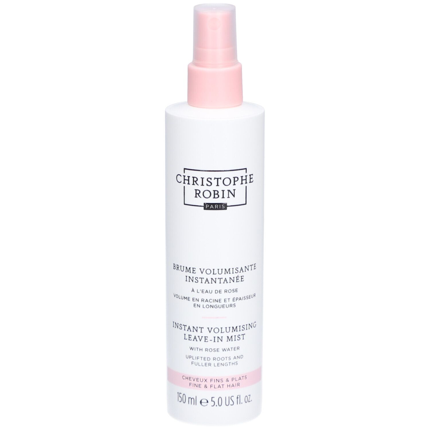 Weißes Spray mit rosa Sprühkopf. Aufschrift: CHRISTOPHE ROBIN PARIS. Text: Brume Volumisant Instantanée. 150 ml.
