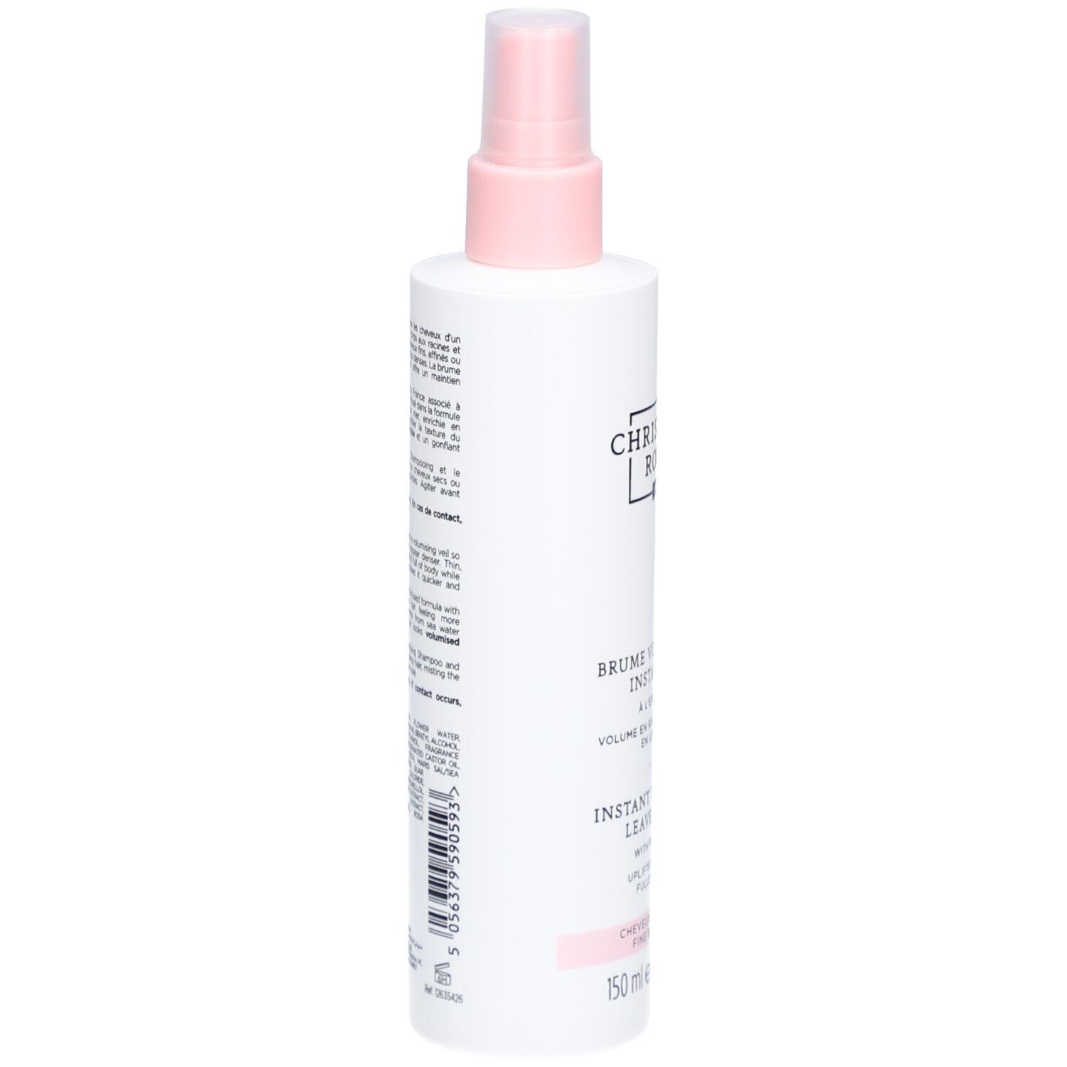Weißes Spray mit rosa Sprühkopf. Aufschrift: CHRISTOPHE ROBIN PARIS. Text auf der Seite. 150 ml.