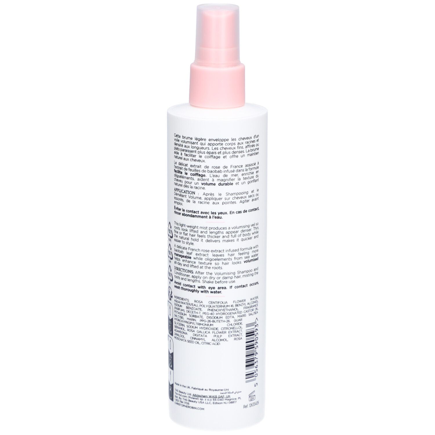 Weißes Spray mit rosa Sprühkopf. Text auf der Rückseite. Inhaltsstoffe und Anwendungshinweise. 150 ml.