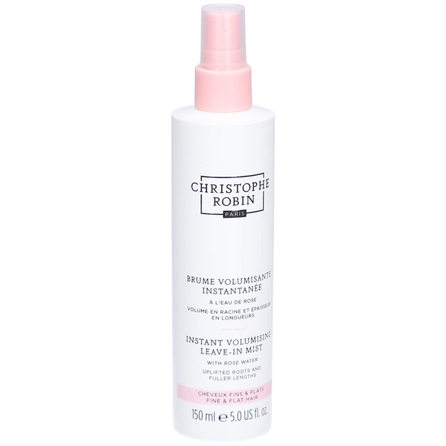 Weißes Spray mit rosa Sprühkopf. Aufschrift: CHRISTOPHE ROBIN PARIS. Text: Brume Volumisant Instantanée. 150 ml.