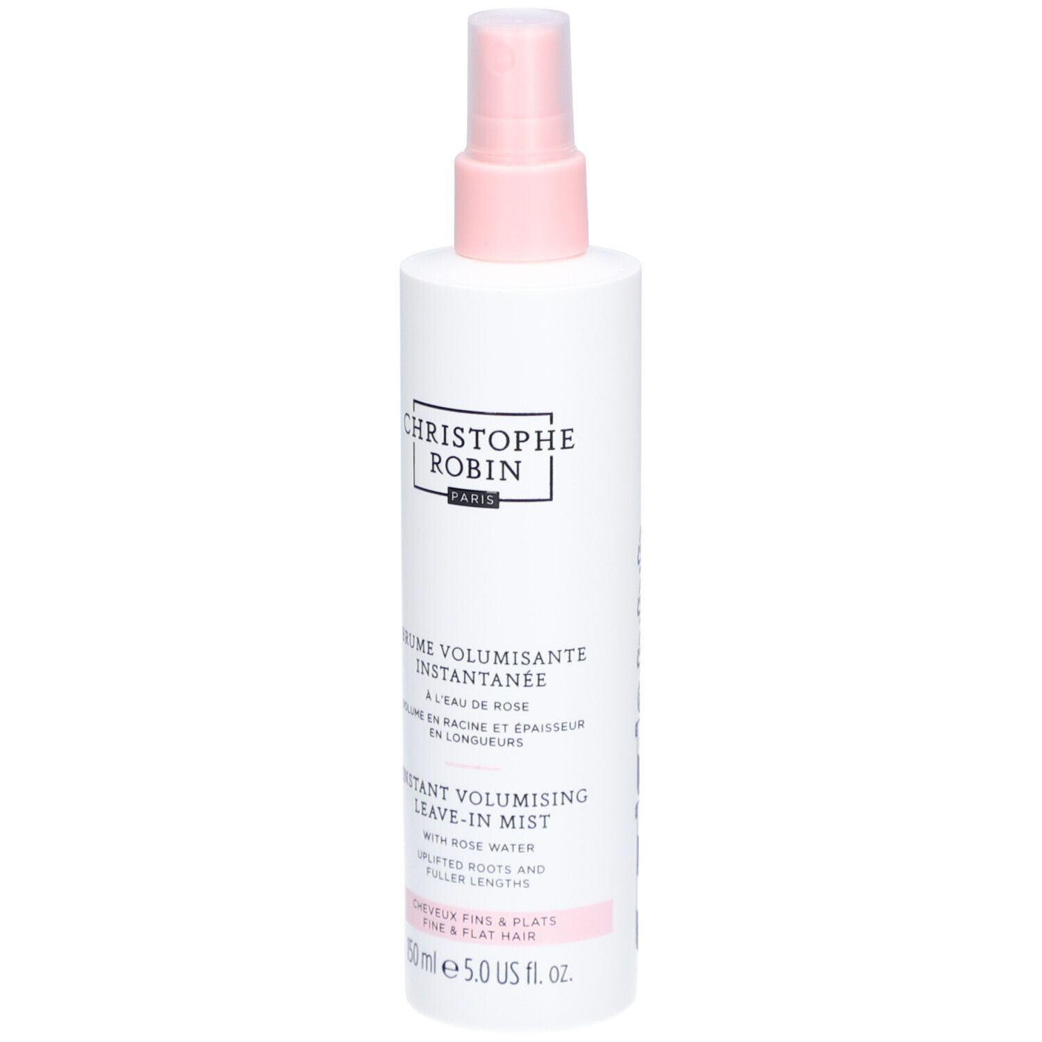 Weißes Spray mit rosa Sprühkopf. Aufschrift: CHRISTOPHE ROBIN PARIS. Text: Brume Volumisant Instantanée. 150 ml.