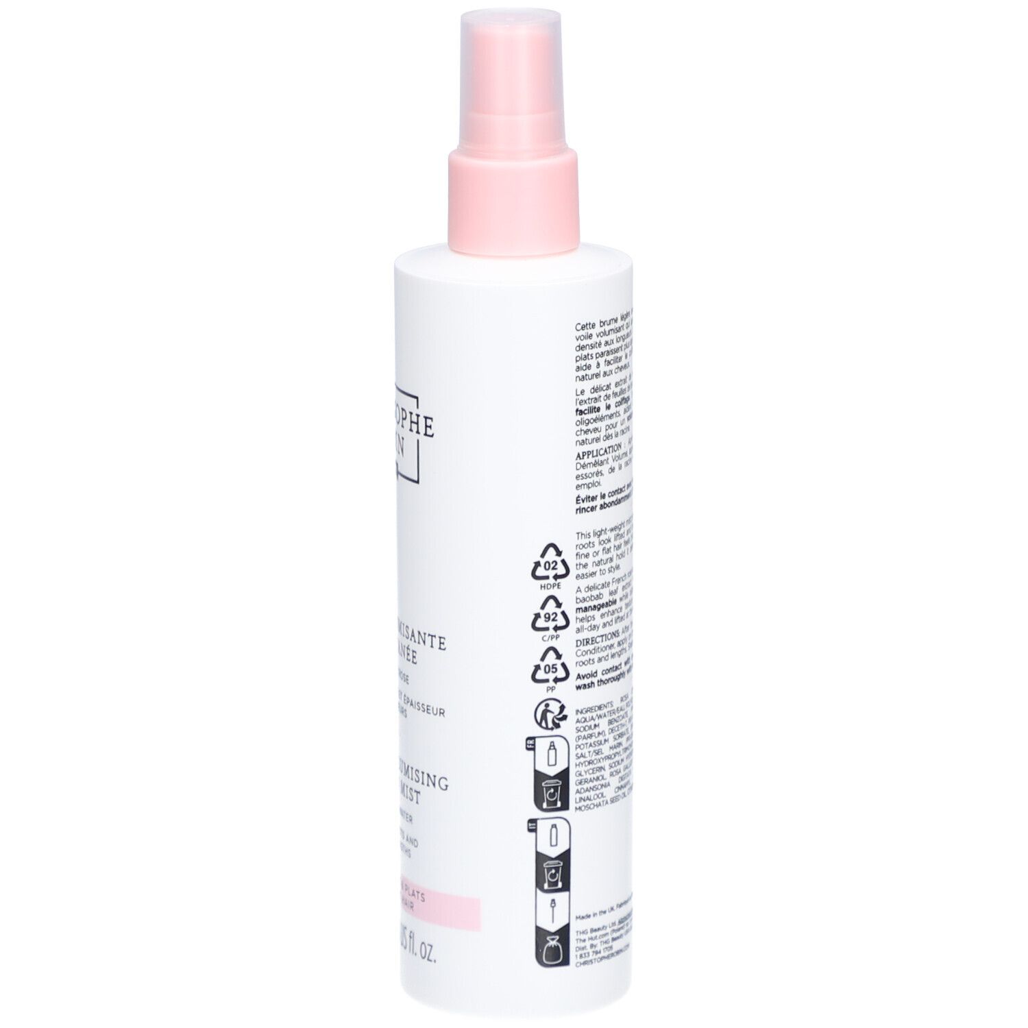 Weißes Spray mit rosa Sprühkopf. Text auf der Rückseite. Recycling-Symbole. 150 ml.