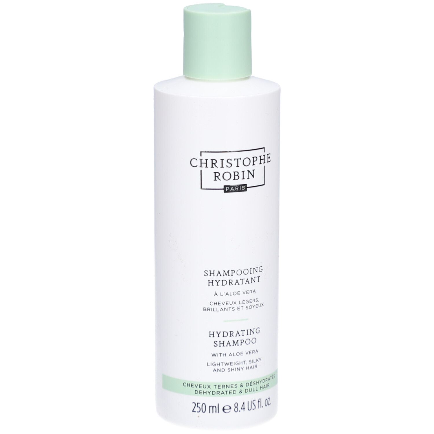 Weiße Flasche mit grünem Deckel. Text: CHRISTOPHE ROBIN PARIS, SHAMPOOING HYDRATANT, HYDRATING SHAMPOO, 250 ml.