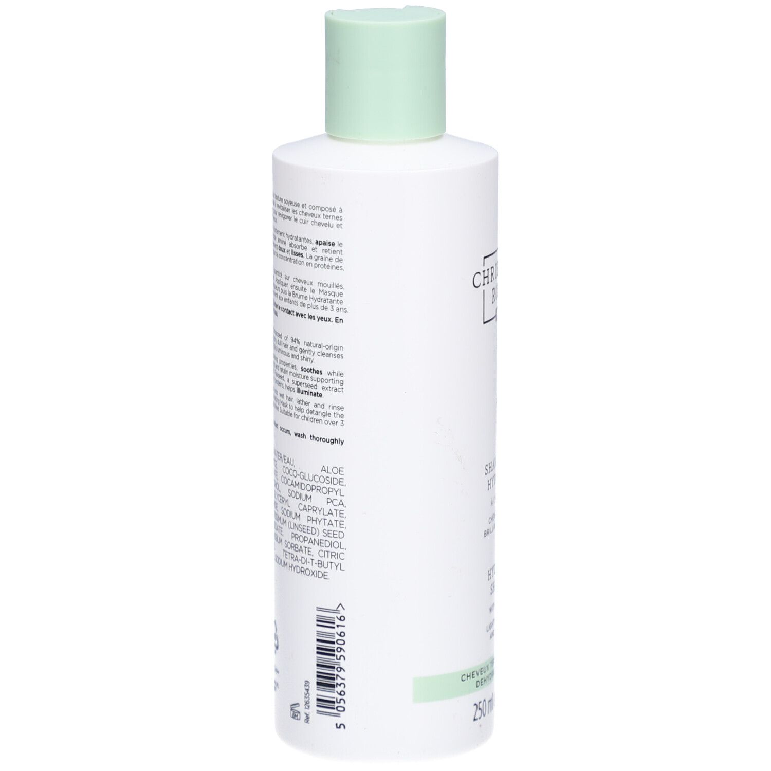 Rückseite der weißen Flasche. Text: Inhaltsstoffe, 250 ml, Barcode. Grüner Streifen am unteren Rand.