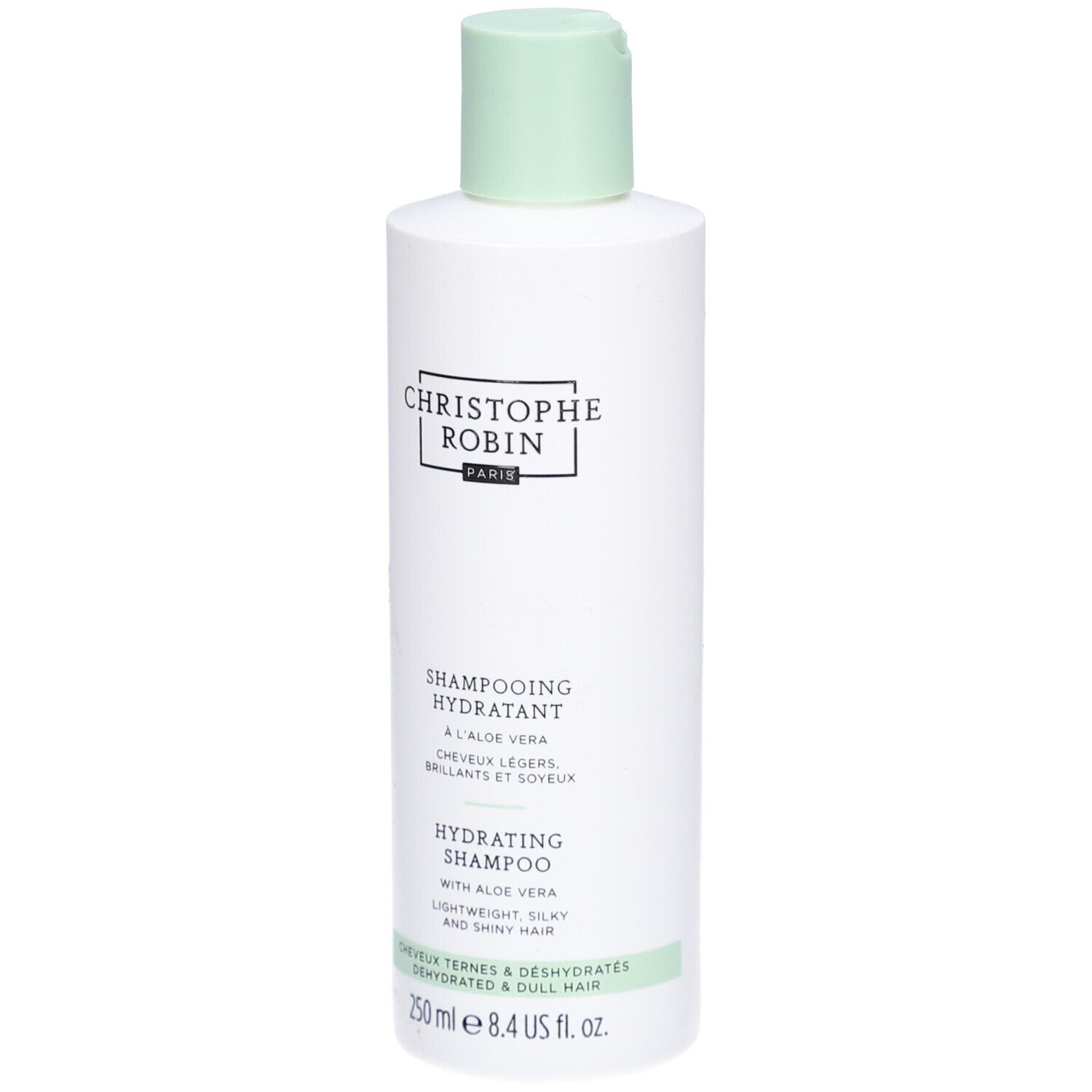 Weiße Flasche mit grünem Deckel. Text: CHRISTOPHE ROBIN PARIS, SHAMPOOING HYDRATANT, HYDRATING SHAMPOO, 250 ml.