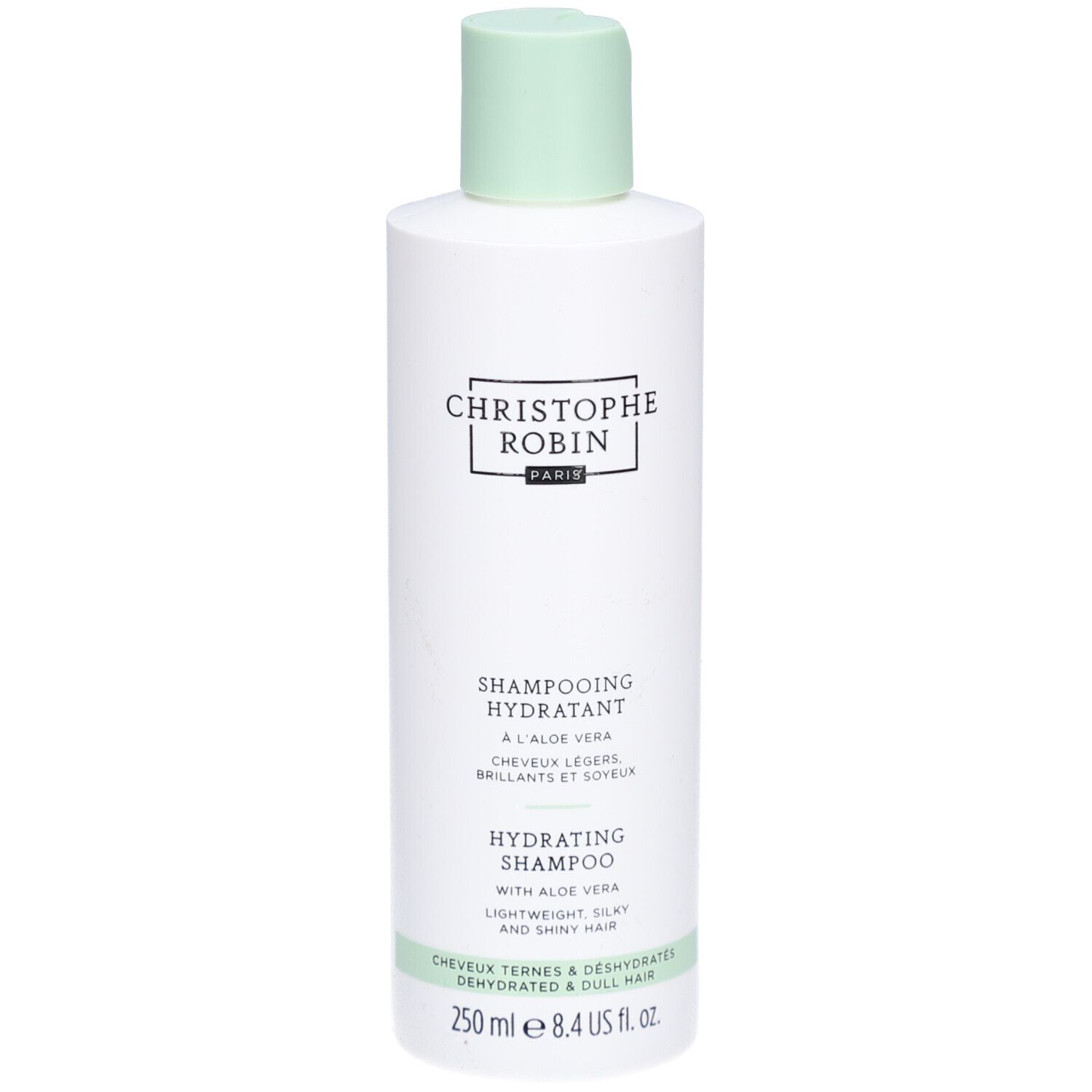 Weiße Flasche mit grünem Deckel. Text: CHRISTOPHE ROBIN PARIS, SHAMPOOING HYDRATANT, HYDRATING SHAMPOO, 250 ml.