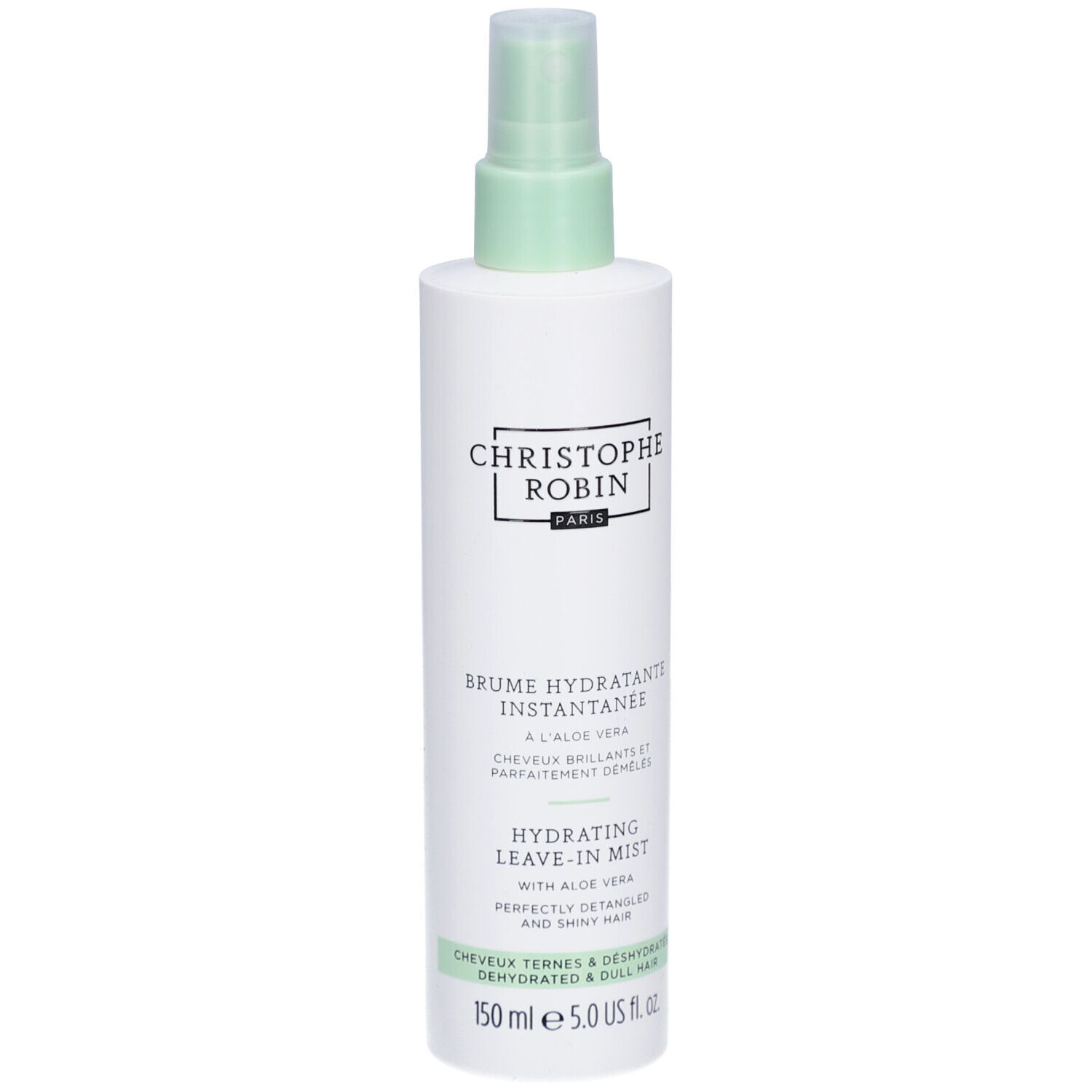 Weiße Sprühflasche mit grünem Sprühkopf. Text: CHRISTOPHE ROBIN PARIS, BRUME HYDRATANTE INSTANTANEE, HYDRATING LEAVE-IN MIST.