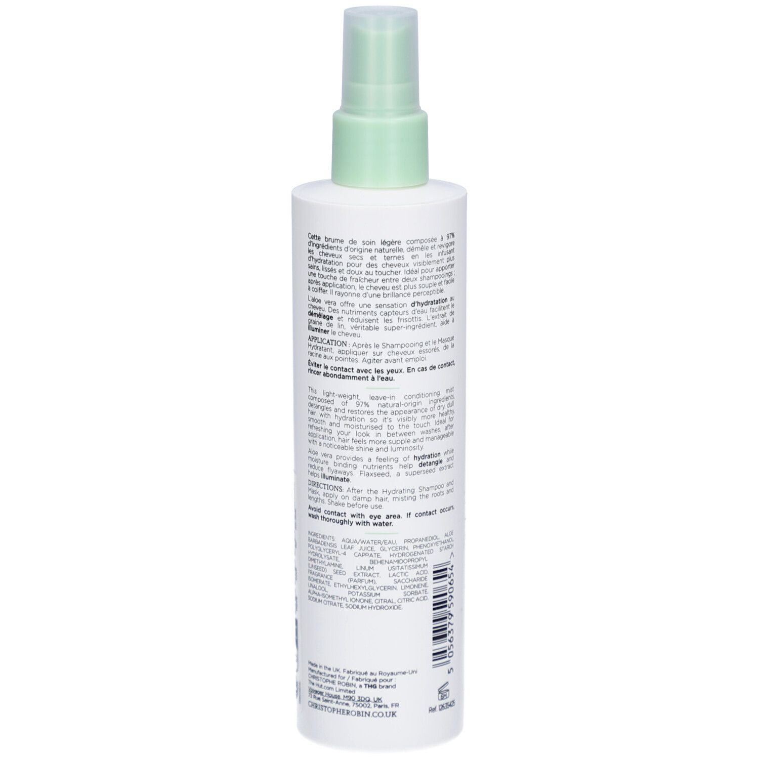 Rückseite der weißen Flasche. Text in Schwarz und Grün. Informationen zur Anwendung und Inhaltsstoffen.