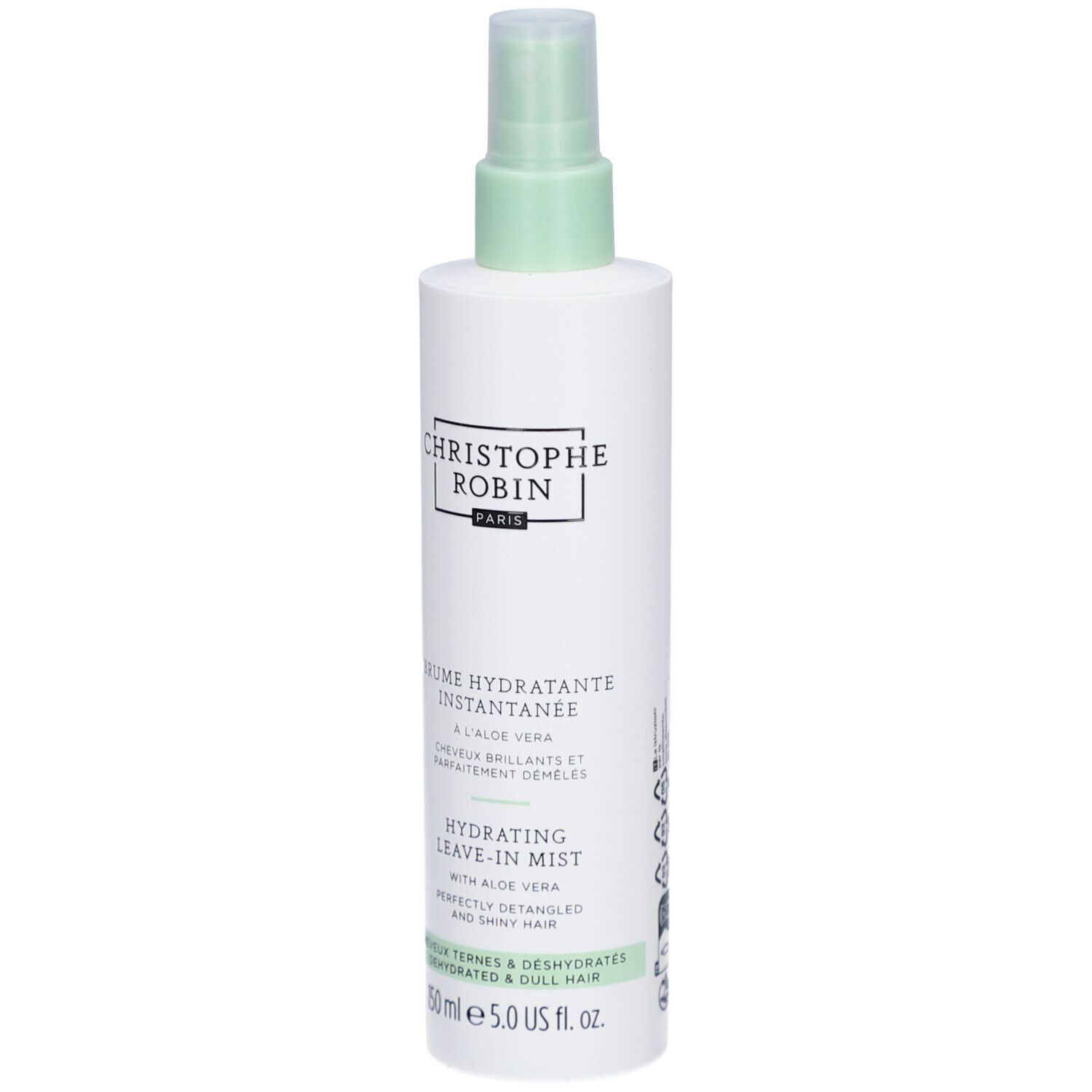 Weiße Sprühflasche mit grünem Sprühkopf. Text: CHRISTOPHE ROBIN PARIS, BRUME HYDRATANTE INSTANTANEE, HYDRATING LEAVE-IN MIST.