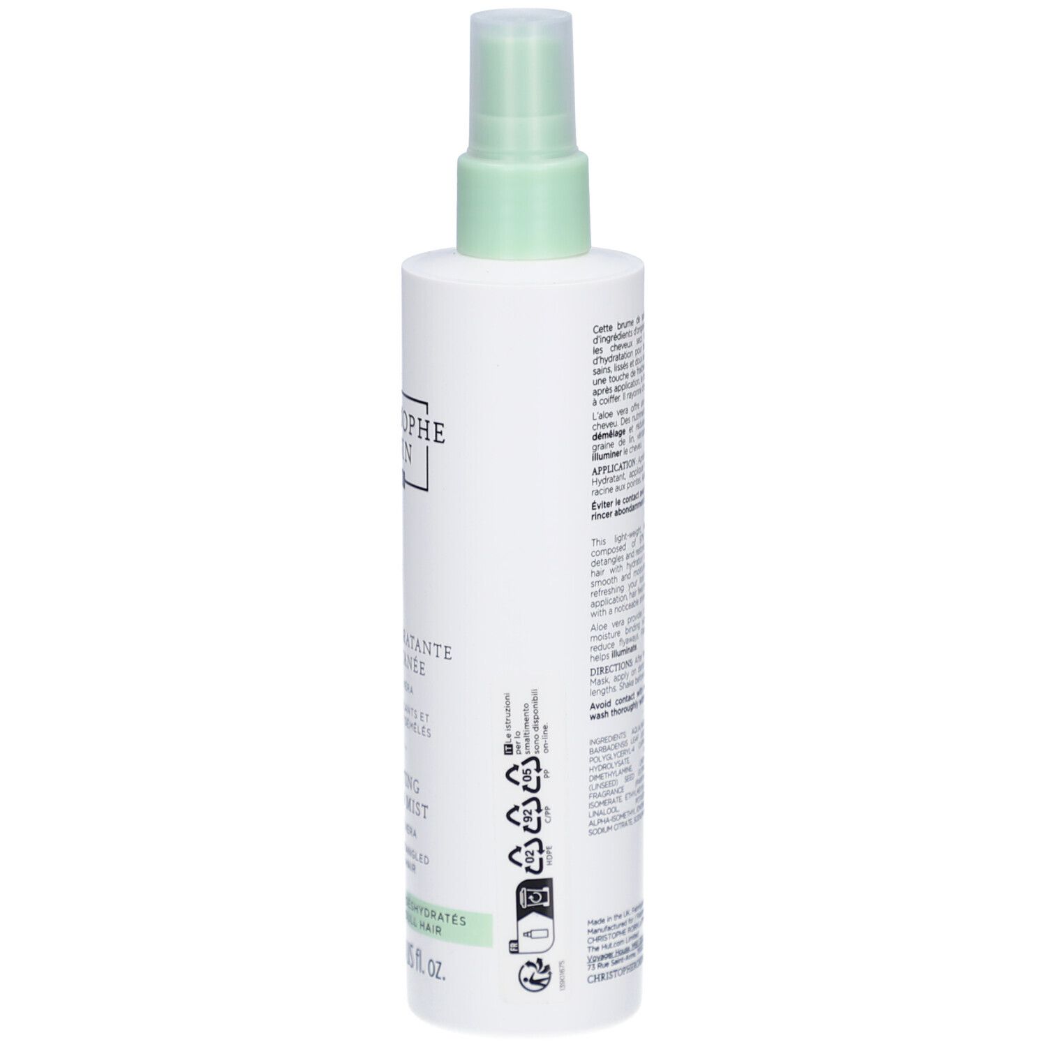 Seitenansicht der weißen Flasche. Text und Symbole. Recycling-Hinweise.