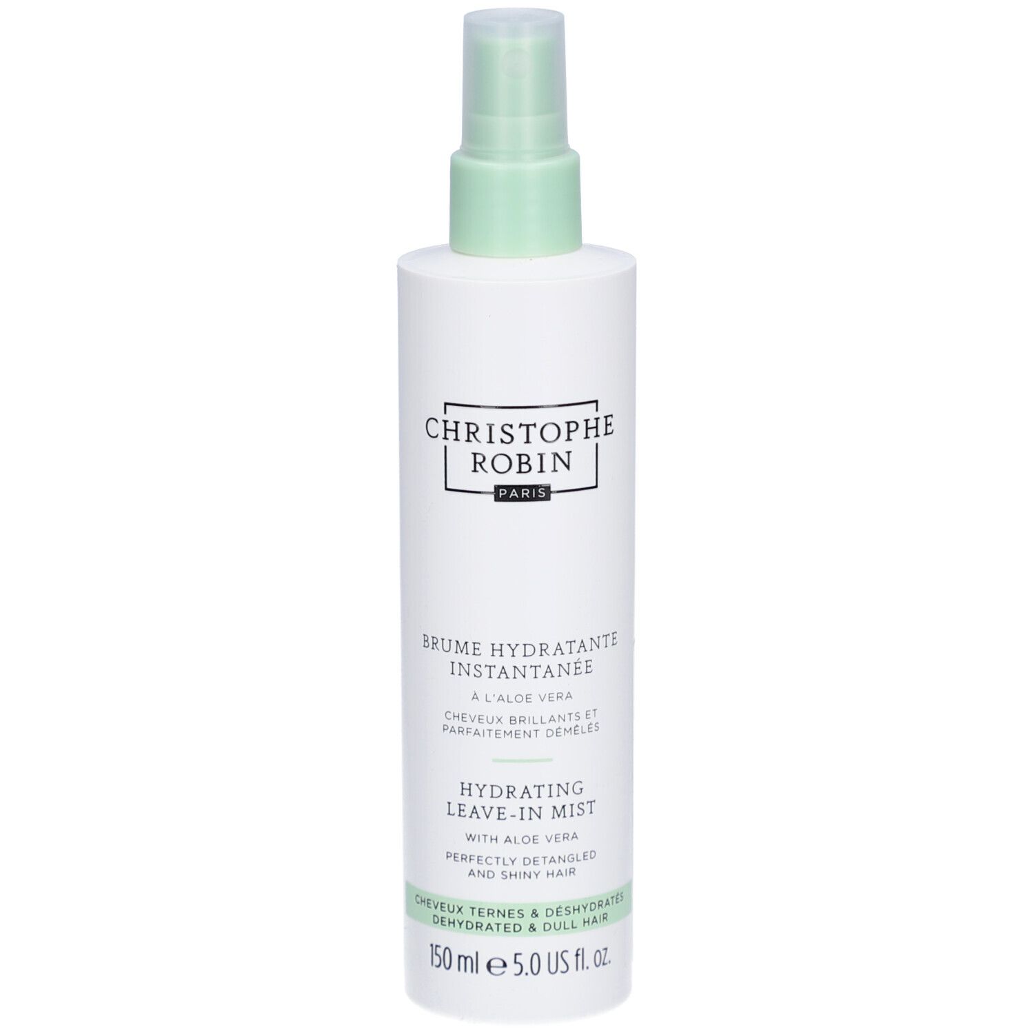 Weiße Sprühflasche mit grünem Sprühkopf. Text: CHRISTOPHE ROBIN PARIS, BRUME HYDRATANTE INSTANTANEE, HYDRATING LEAVE-IN MIST.