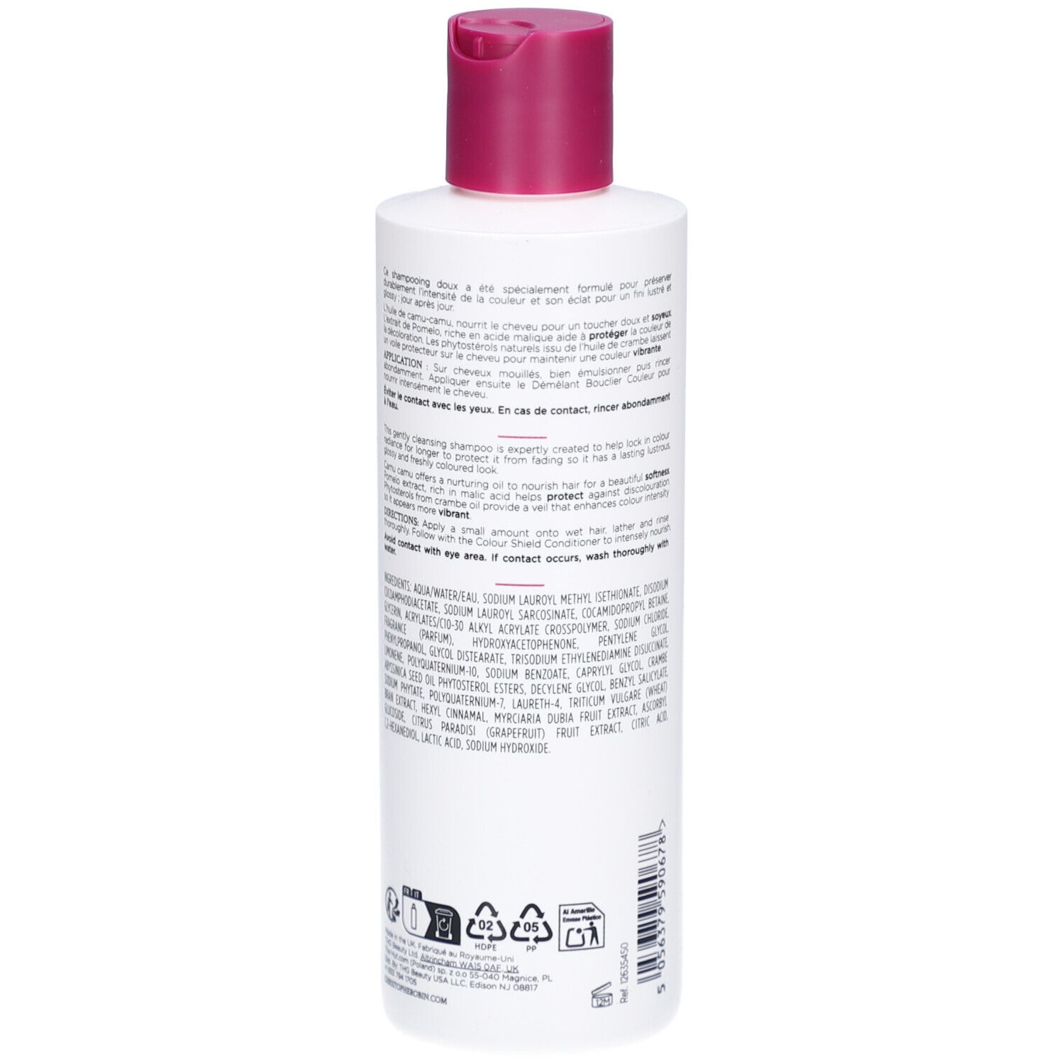 Dos du flacon. Texte multilingue. Ingrédients et instructions d'utilisation.