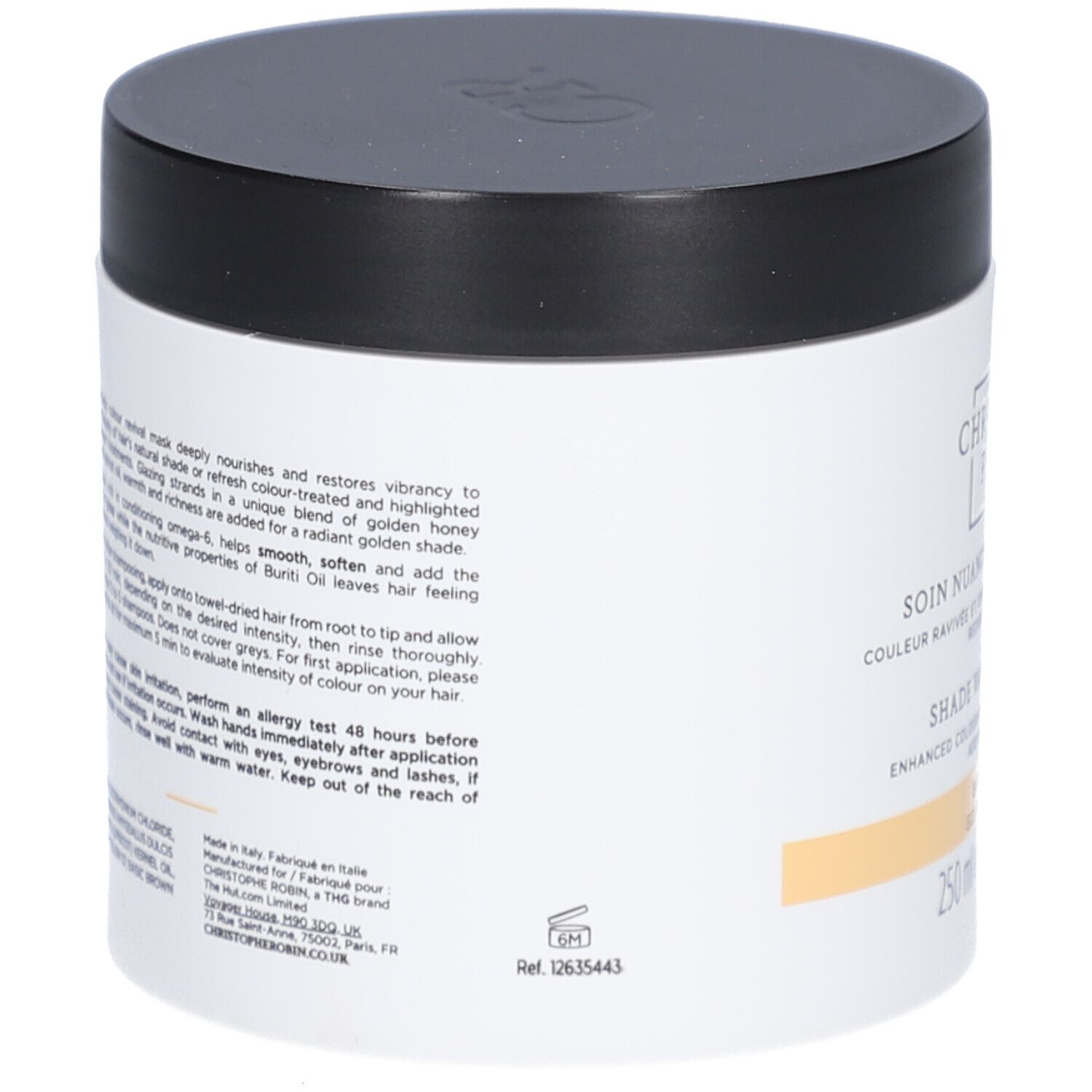 Pot blanc, couvercle noir. Texte: Christophe Robin, Soin Nuanceur de Couleur, Blond Doré. 250 ml.