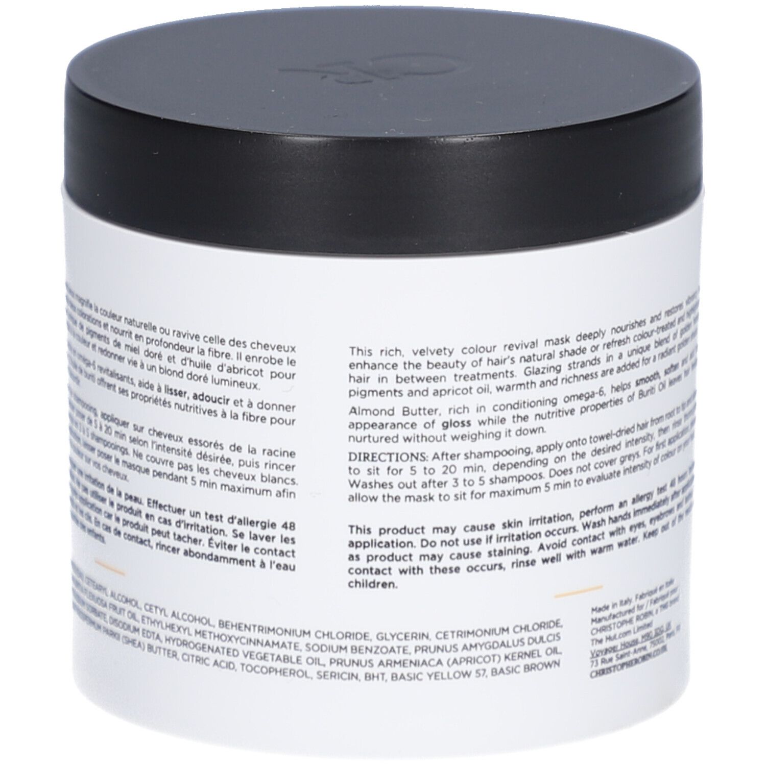 Pot blanc, couvercle noir. Texte: Christophe Robin, Soin Nuanceur de Couleur, Blond Doré. Ingrédients.