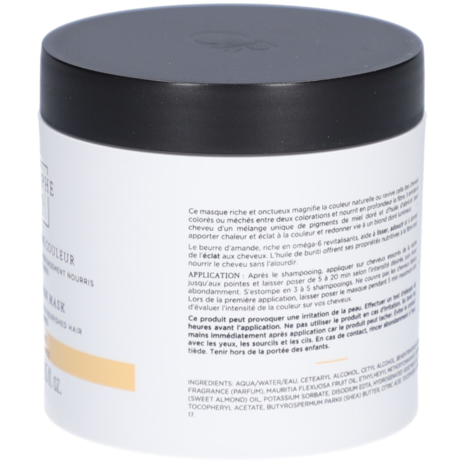 Pot blanc, couvercle noir. Texte: Christophe Robin, Soin Nuanceur de Couleur, Blond Doré. Application.