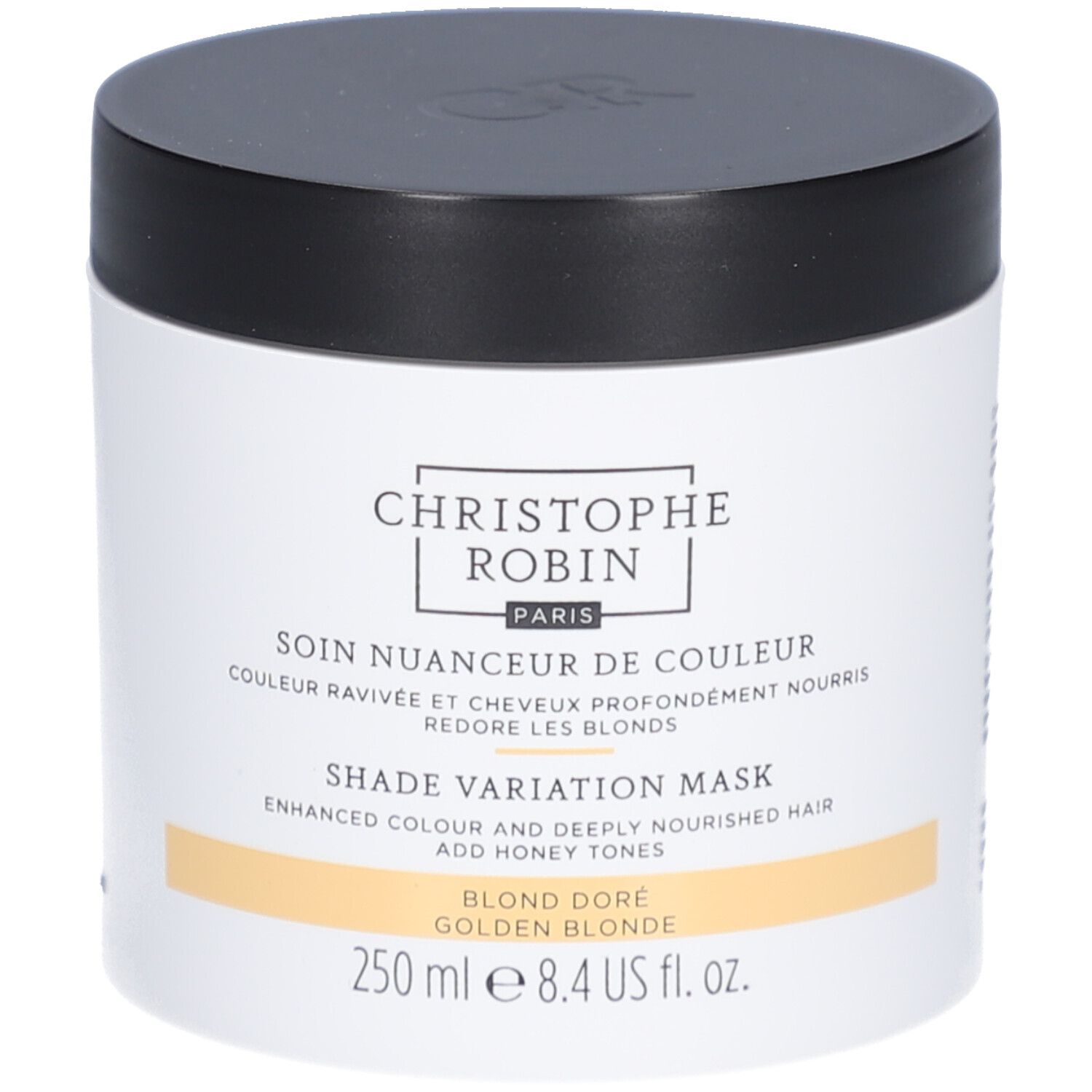Pot blanc, couvercle noir. Texte: Christophe Robin, Soin Nuanceur de Couleur, Blond Doré. 250 ml.