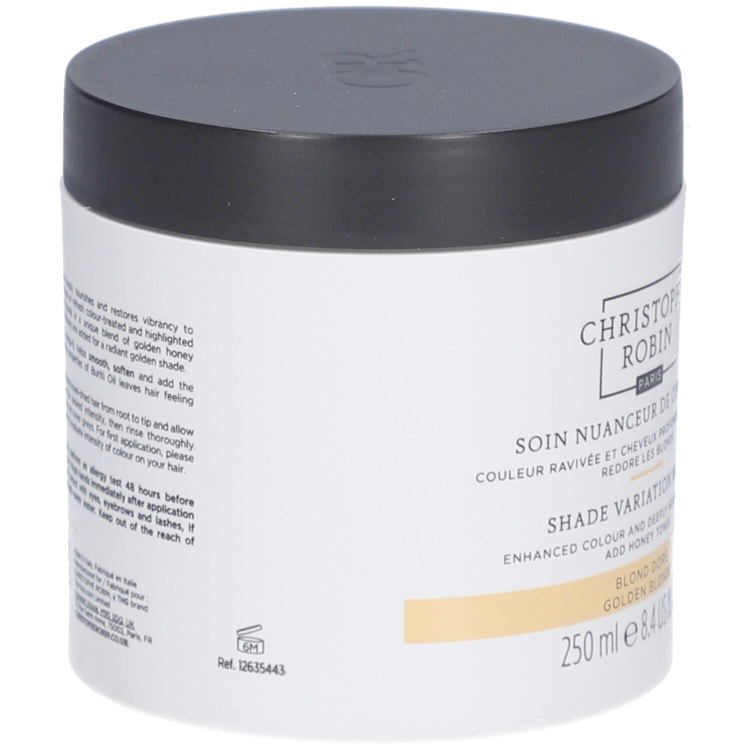 Pot blanc, couvercle noir. Texte: Christophe Robin, Soin Nuanceur de Couleur, Blond Doré. 250 ml.
