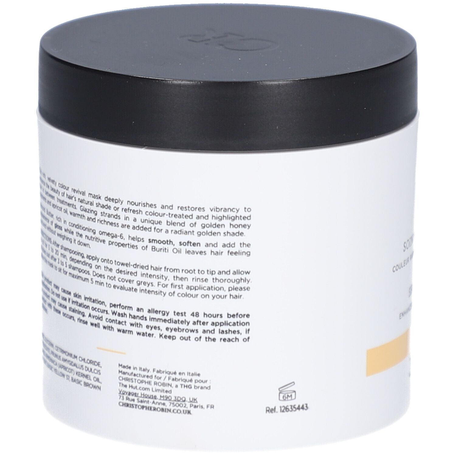 Pot blanc, couvercle noir. Texte: Christophe Robin, Soin Nuanceur de Couleur, Blond Doré. 250 ml.