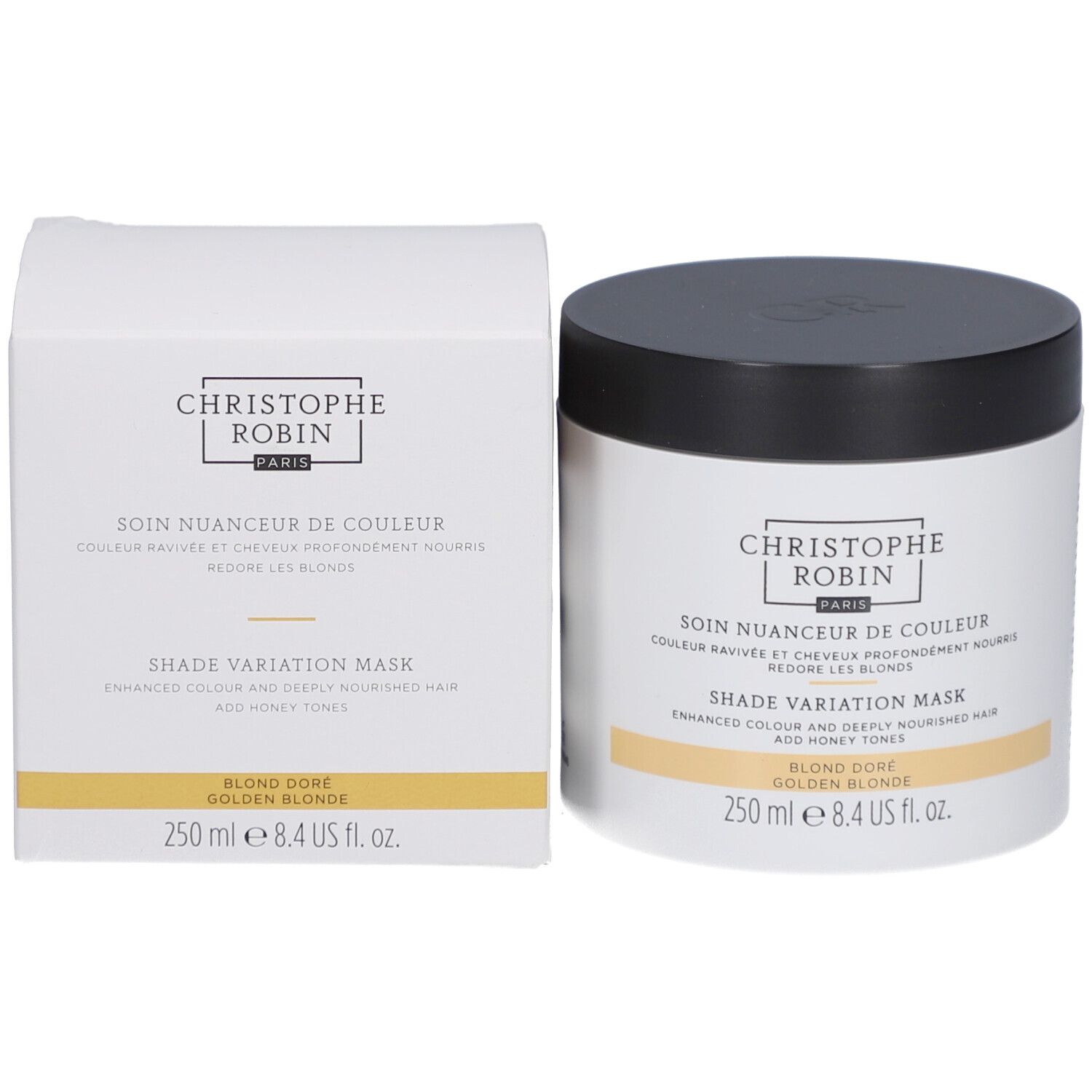 Produit et emballage. Pot blanc, couvercle noir et carton. Texte: Christophe Robin, Blond Doré.