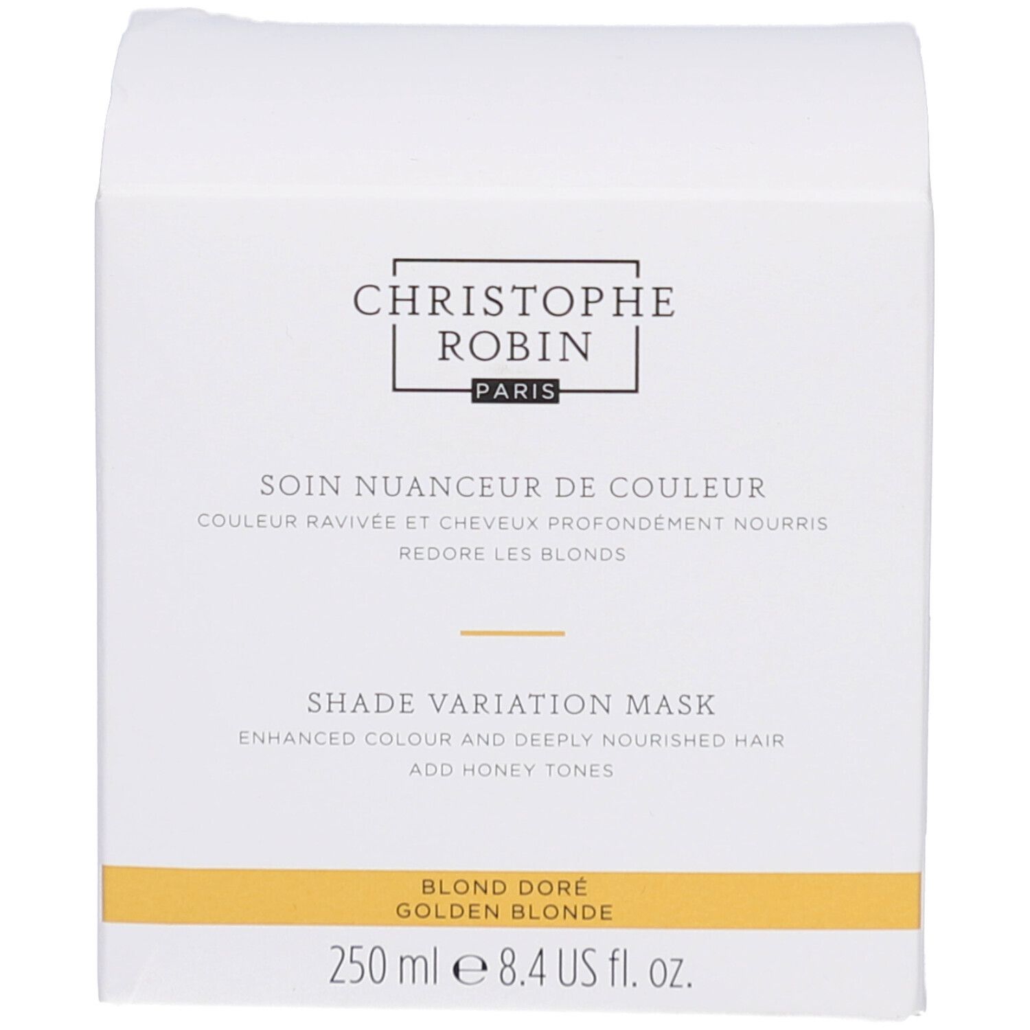 Emballage blanc. Texte: Christophe Robin, Soin Nuanceur de Couleur, Blond Doré. 250 ml.