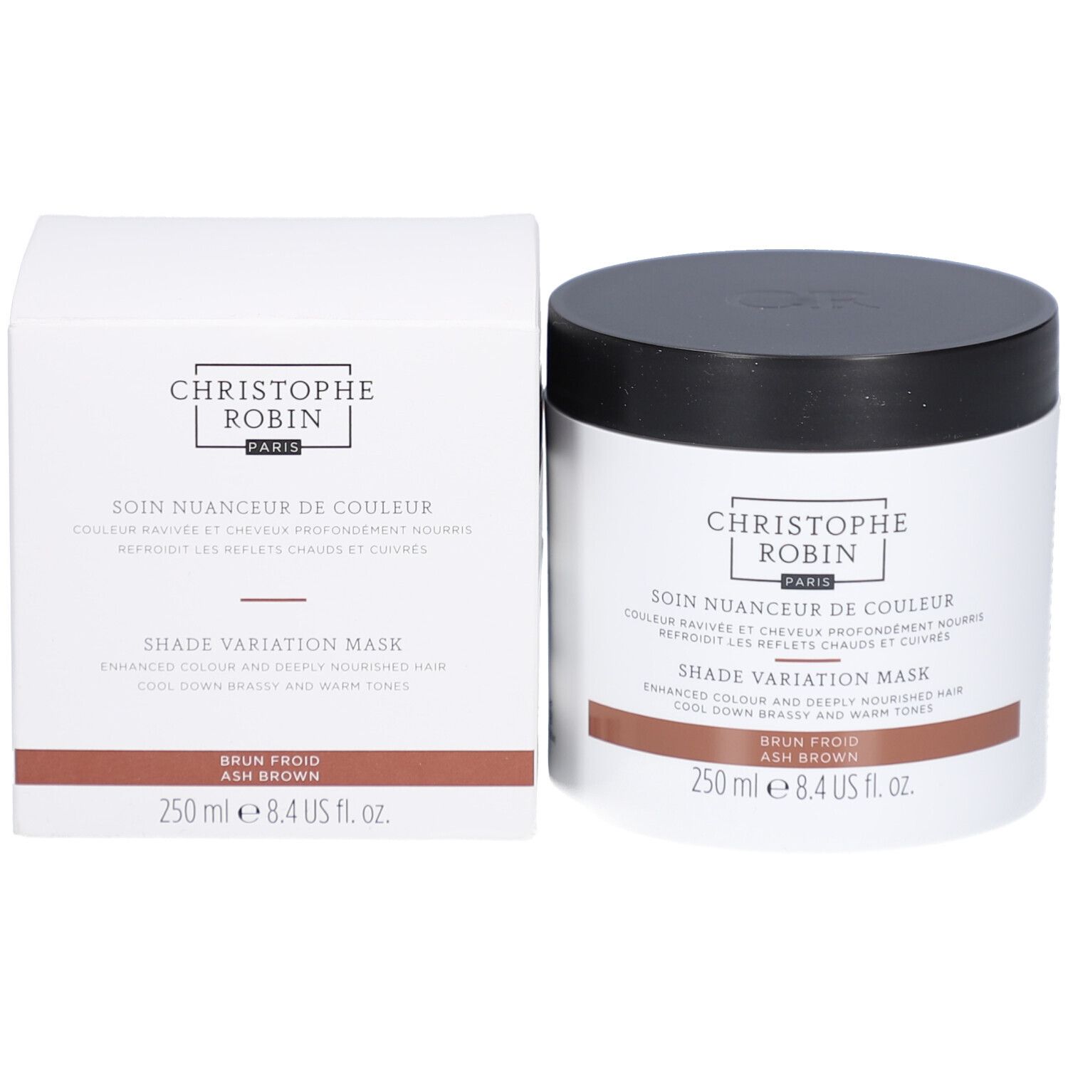 Produktverpackung: Dose und Schachtel. Aufschrift: Christophe Robin, Shade Variation Mask. Brauner Streifen.