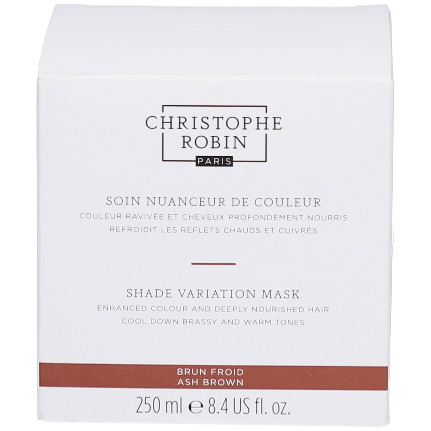 Weiße Produktverpackung. Aufschrift: Christophe Robin, Shade Variation Mask. Brauner Streifen.