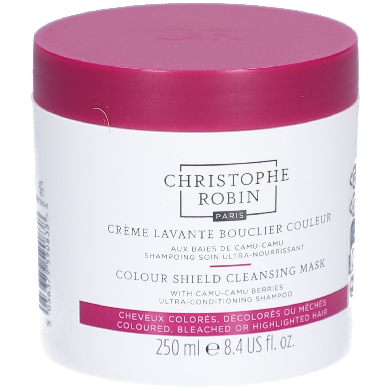 Pot blanc, couvercle rose. Inscription: Christophe Robin, Crème Lavante Bouclier Couleur. 250 ml.