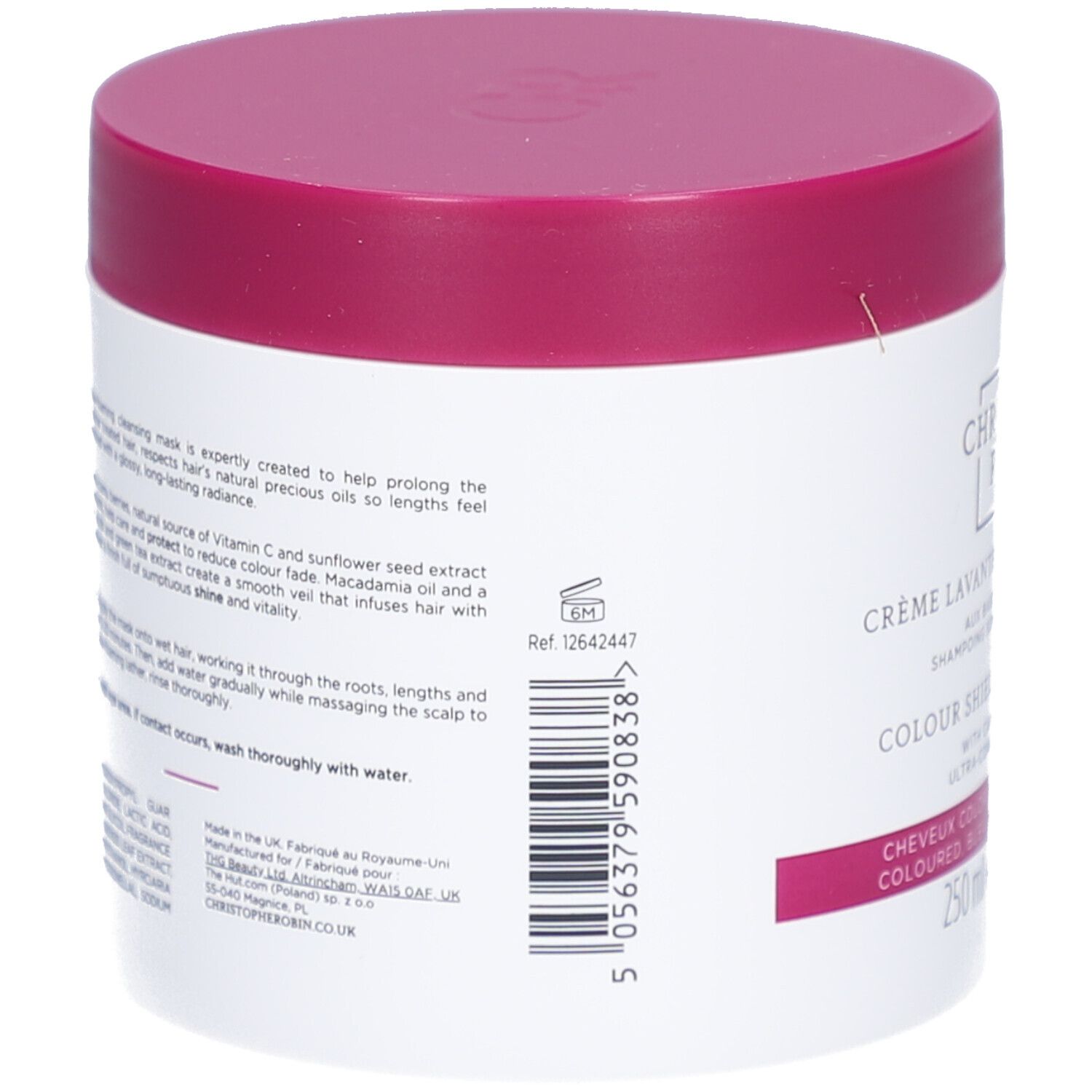 Pot blanc, couvercle rose. Texte au dos. Code-barres et réf. 12642447.