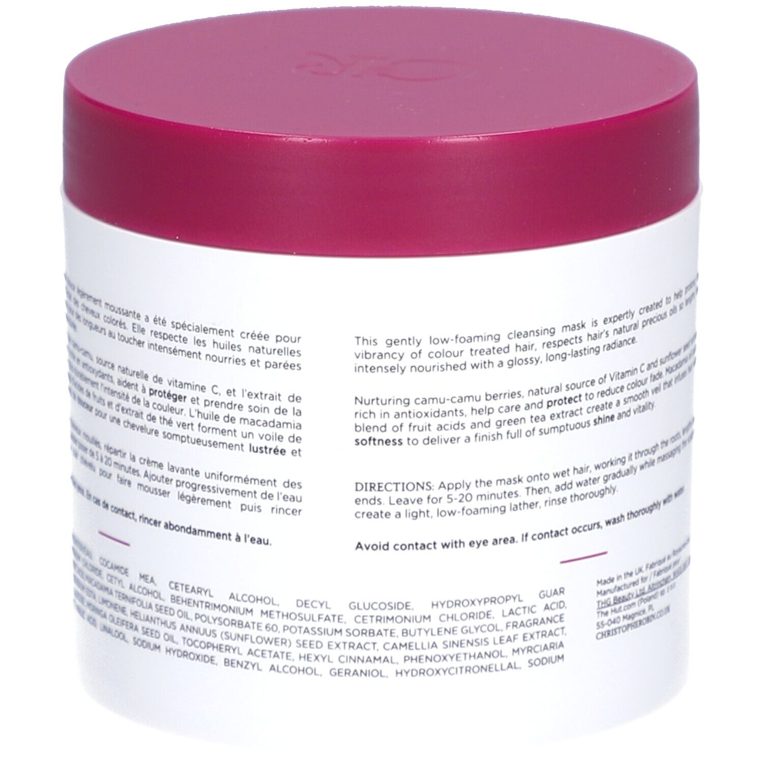 Pot blanc, couvercle rose. Texte au dos. Ingrédients et instructions d'utilisation.