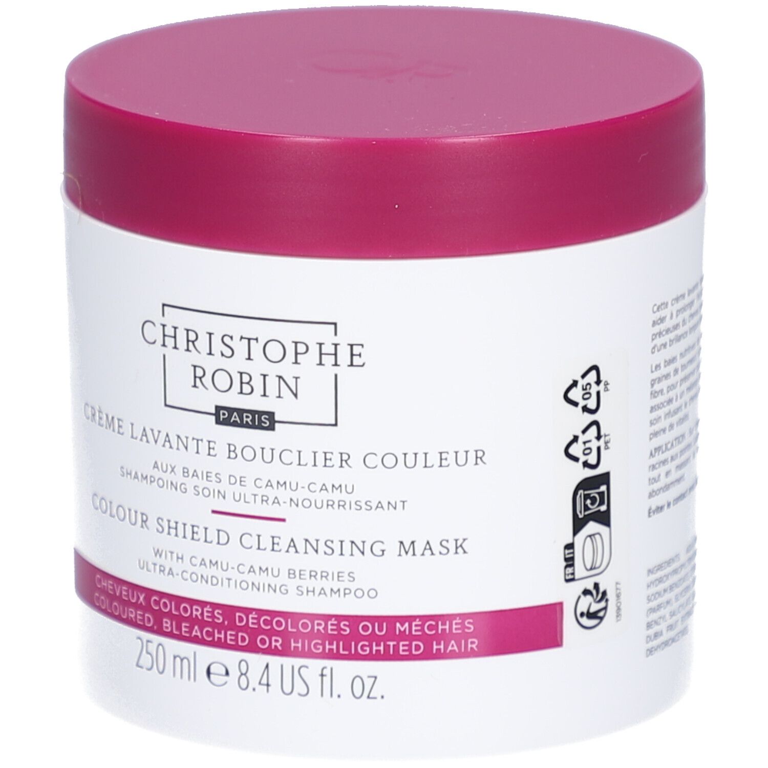 Pot blanc, couvercle rose. Inscription: Christophe Robin, Crème Lavante Bouclier Couleur. 250 ml.