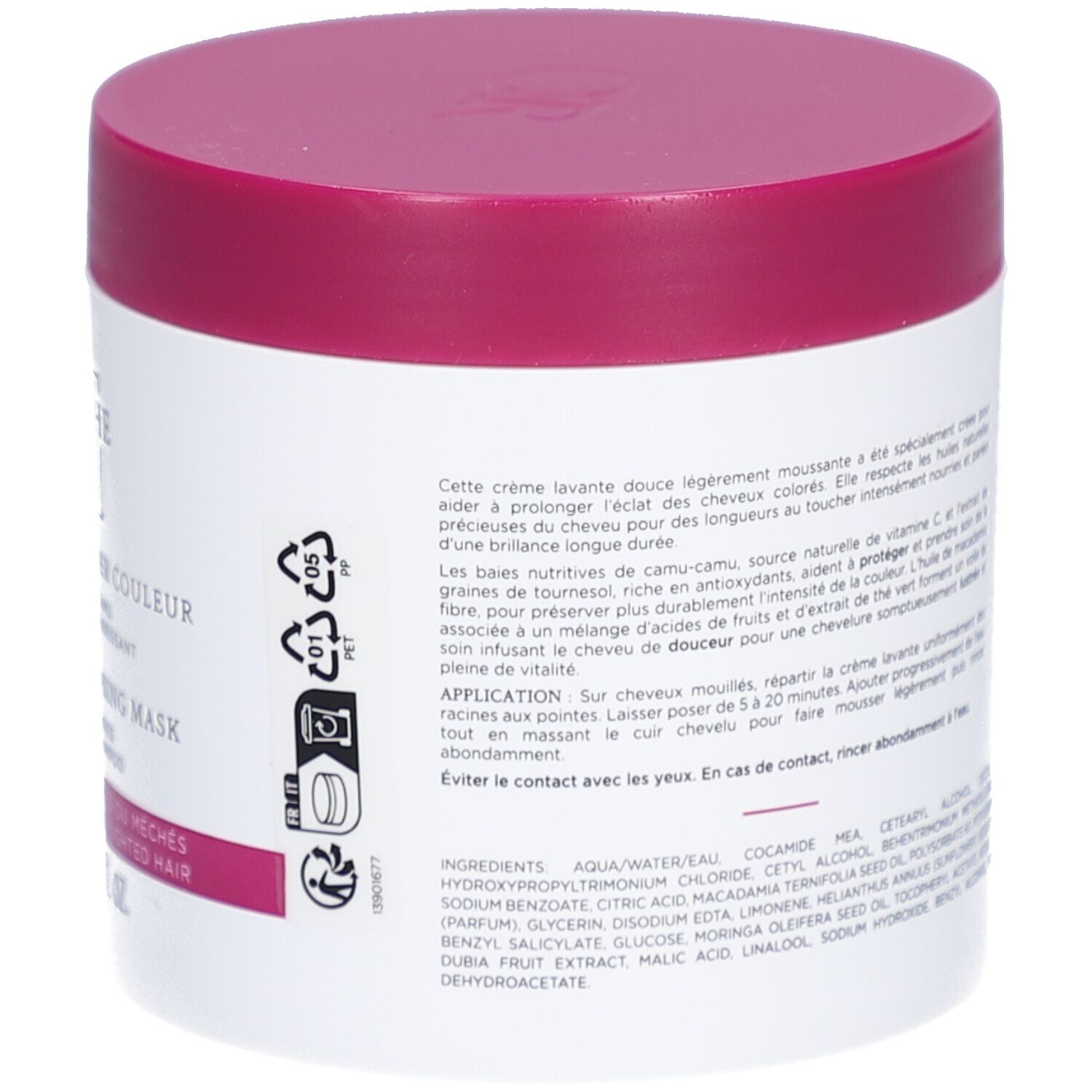 Pot blanc, couvercle rose. Texte au dos. Ingrédients et instructions d'utilisation.