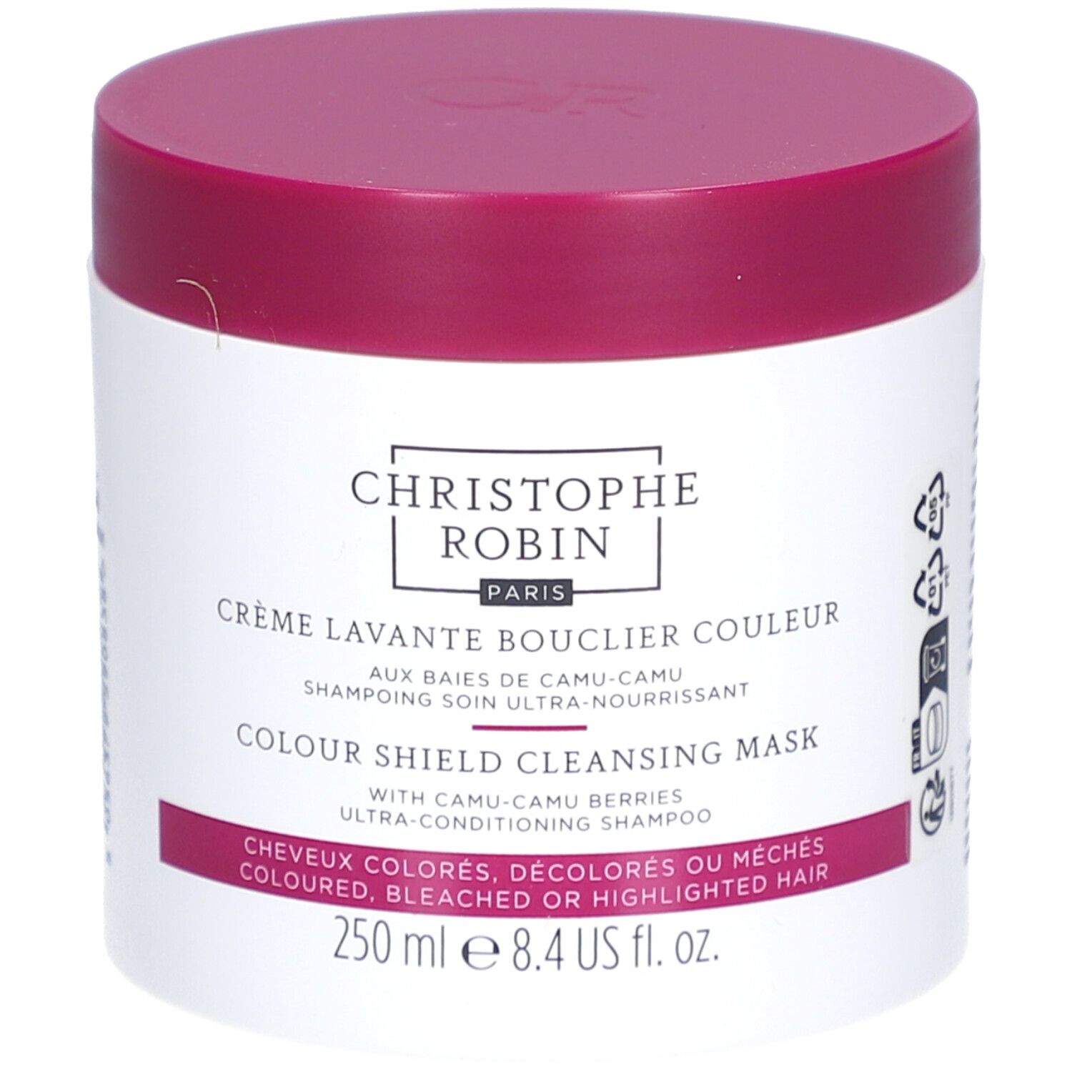 Pot blanc, couvercle rose. Inscription: Christophe Robin, Crème Lavante Bouclier Couleur. 250 ml.