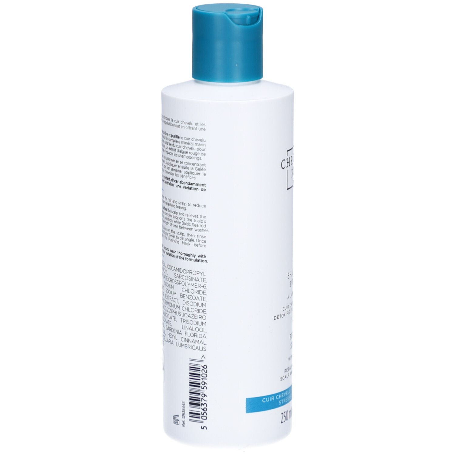 Rückseite der Shampoo-Flasche. Text in mehreren Sprachen, Inhaltsstoffe und Herstellerinformationen.