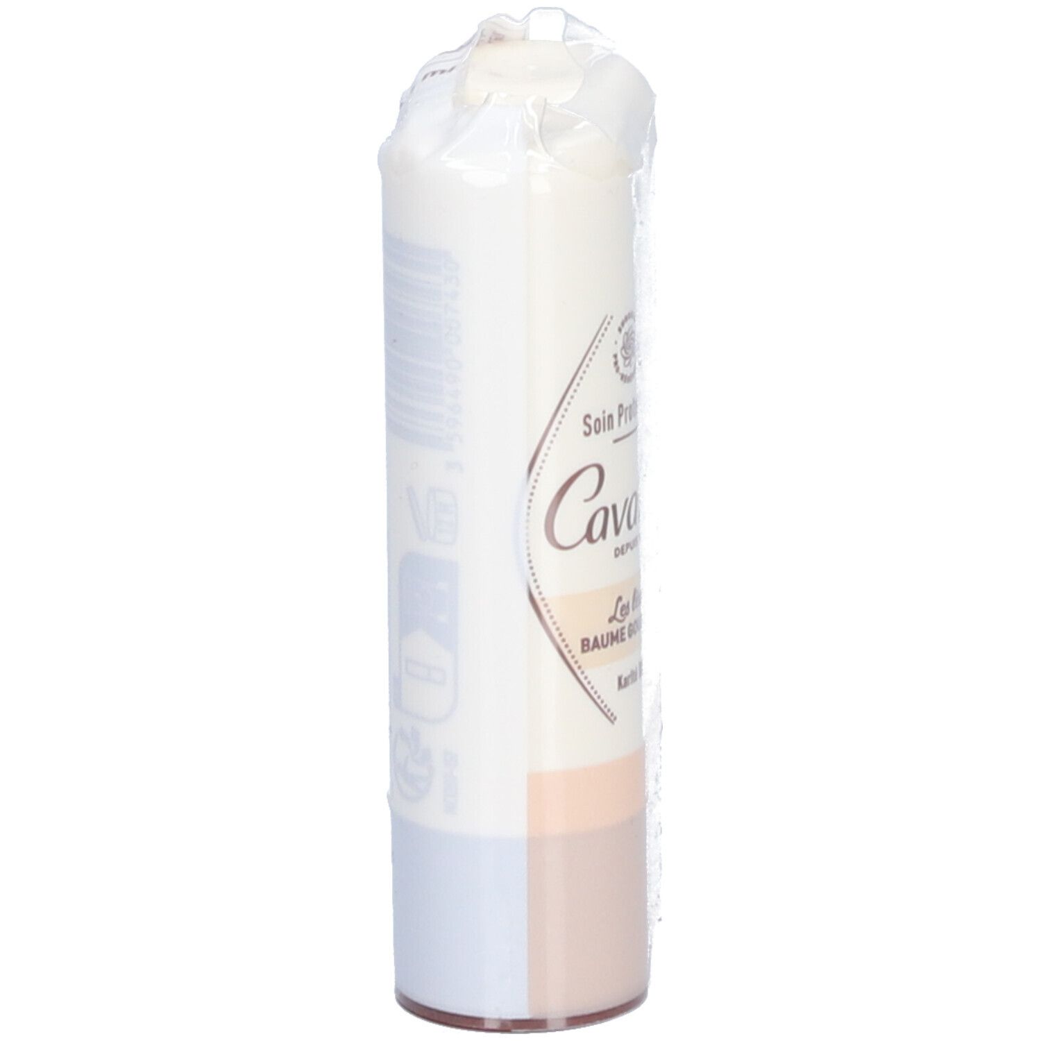 Baume à lèvres emballé. Visible: Marque Cavaillès, inscription 'Baume Gourmand'.