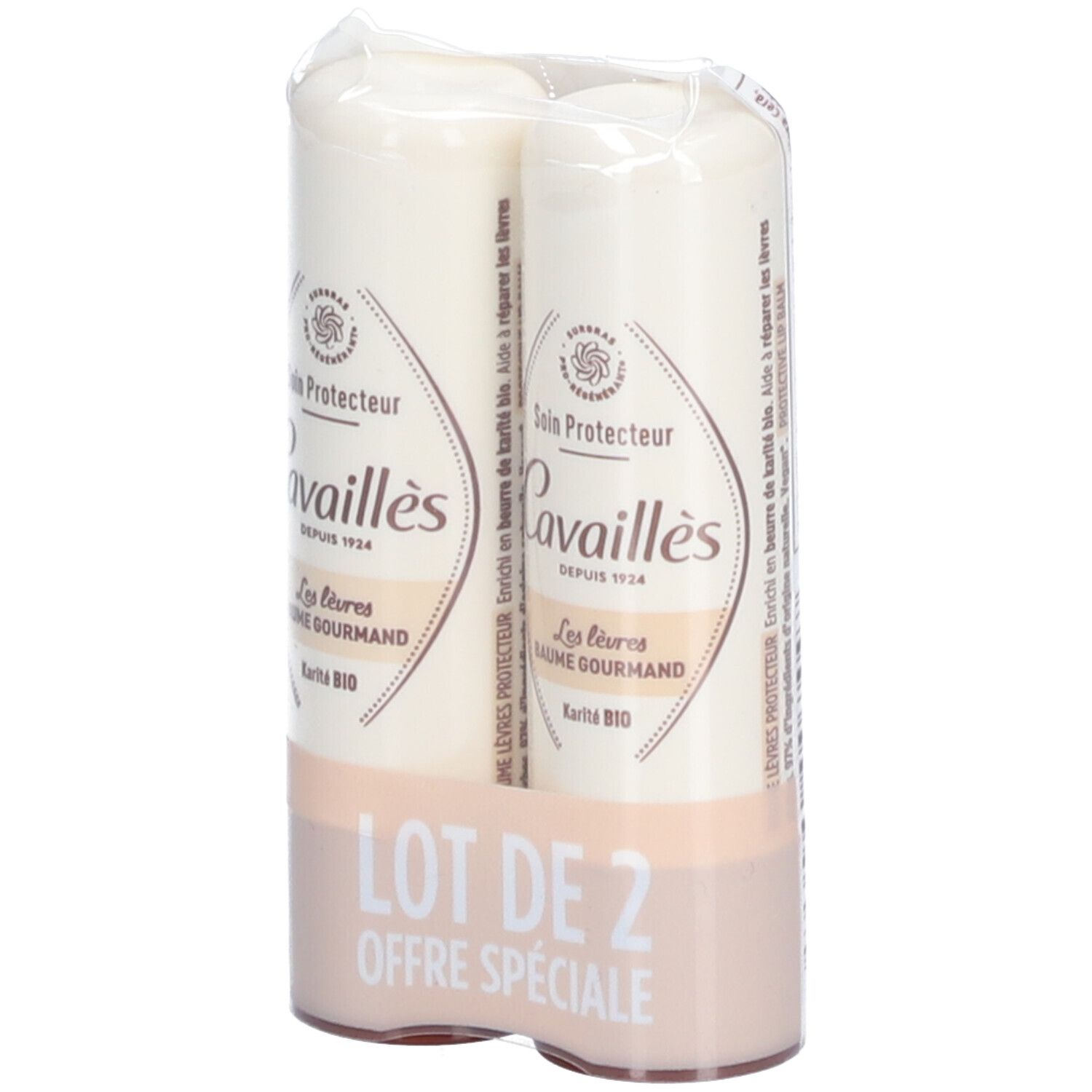 Deux baumes à lèvres en emballage. Visible: Marque Cavaillès, inscription 'LOT DE 2'.