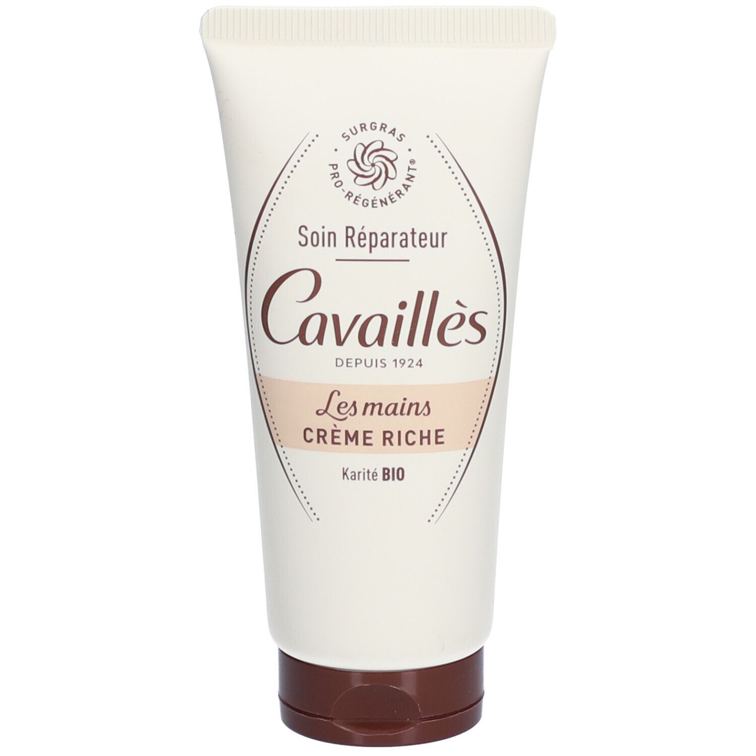 Creme-Tube, weiß-beige, mit braunem Verschluss. Aufschrift: Cavaillès, Les mains Crème riche, Karité BIO. Logo.