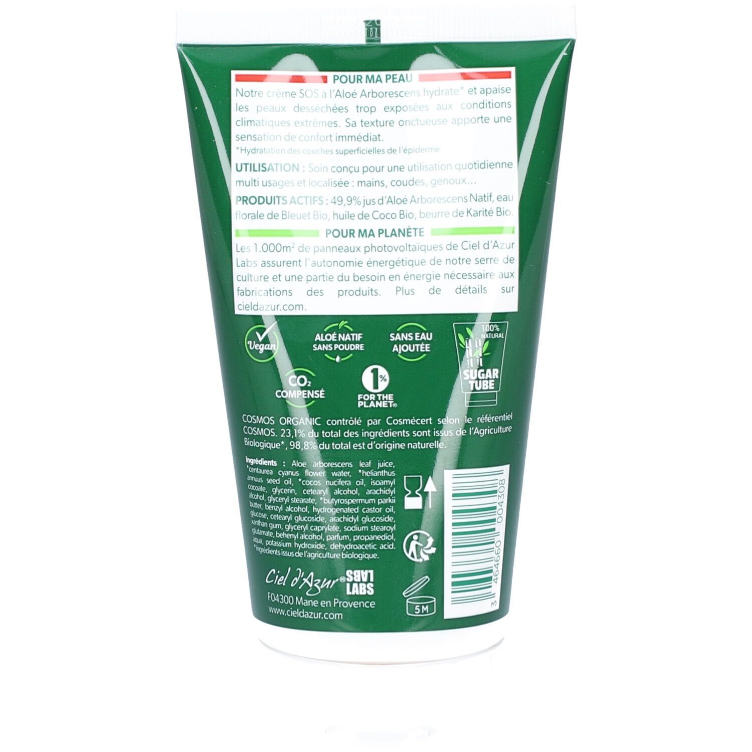 Rückseite der grünen Tube. Textinformationen, Inhaltsstoffe und Logos. Bio-Zertifizierung, Vegan-Logo.