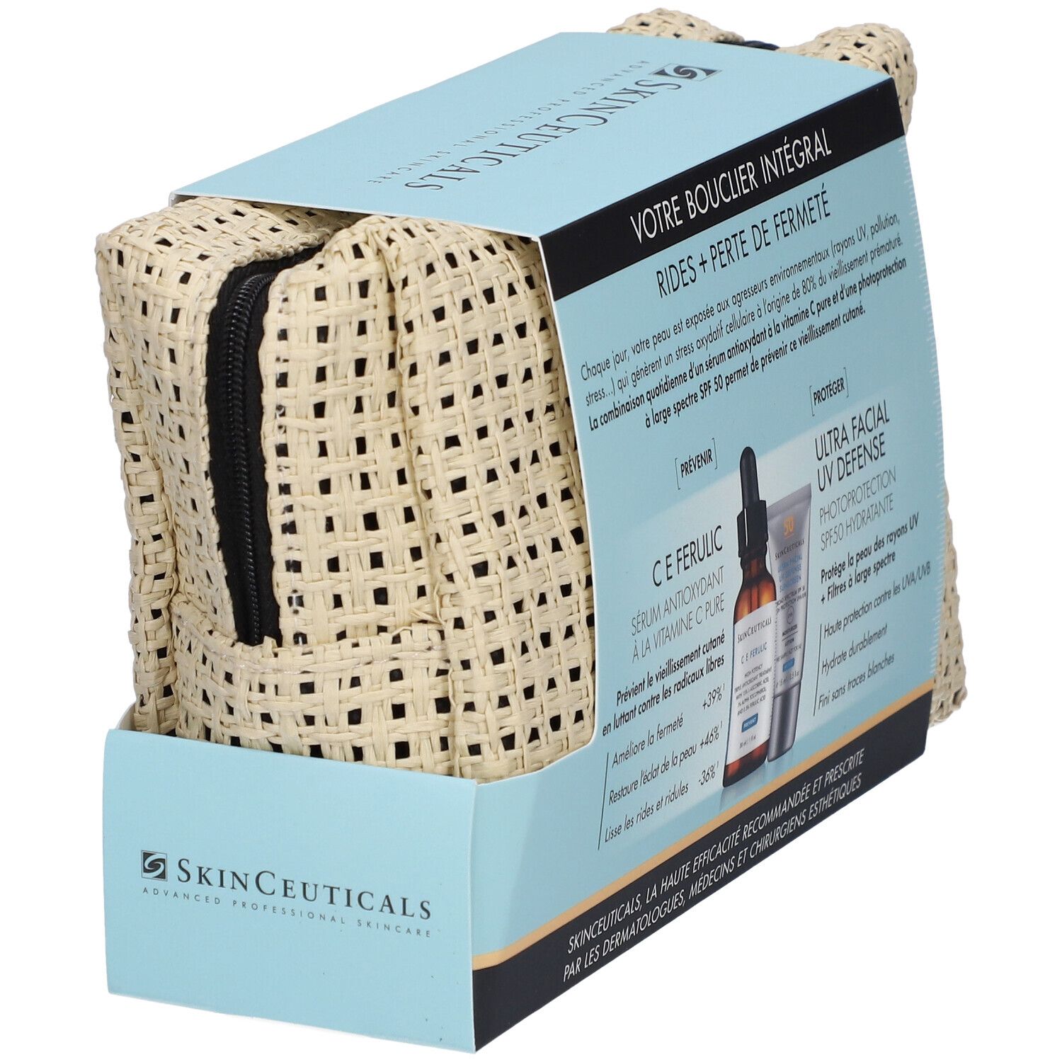 Coffret cosmétique avec sérum, crème solaire et trousse beige. Texte: SkinCeuticals, Votre bouclier intégral, Rides + Perte de fermeté.