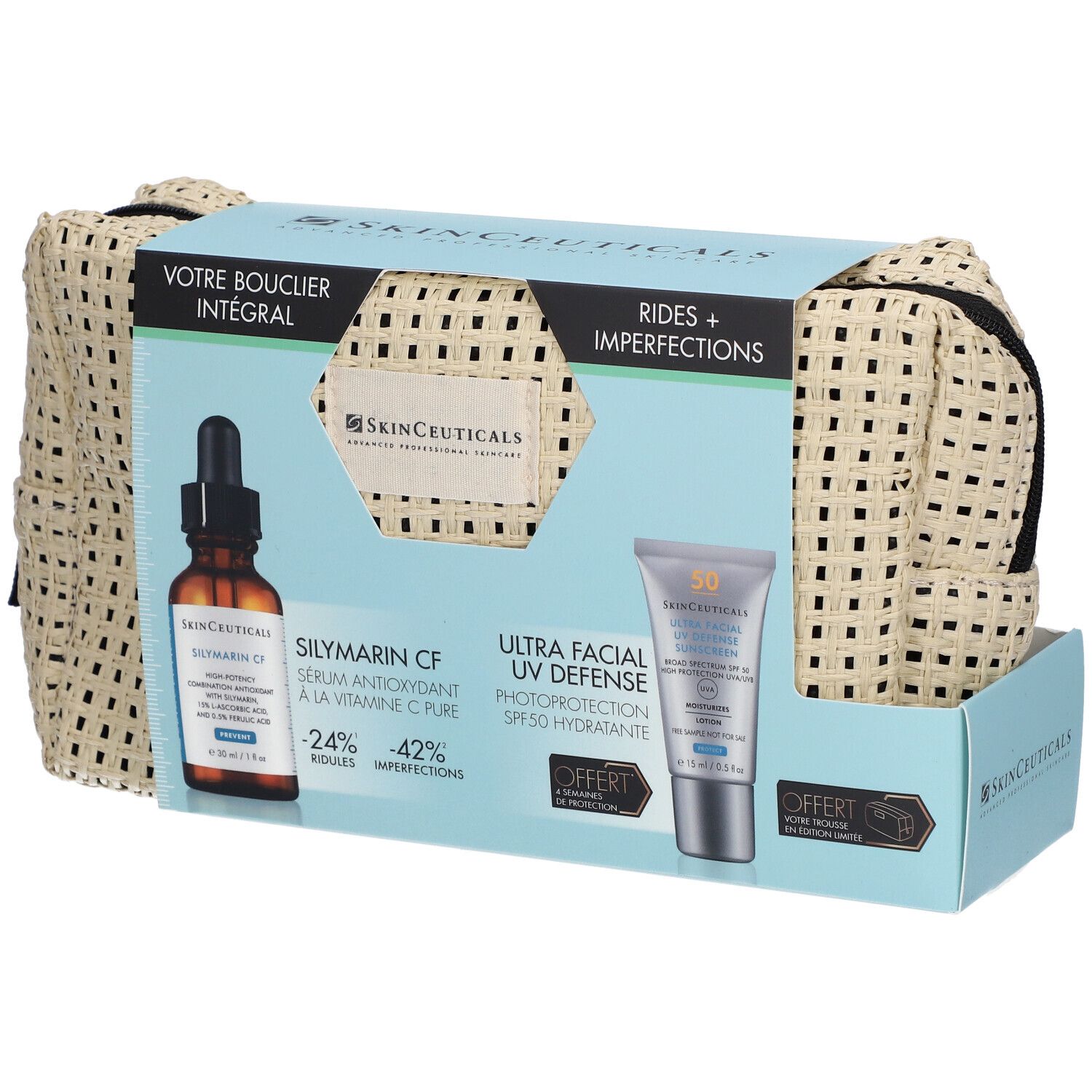 Geschenkset mit Serum und Sonnencreme. Beiges Kosmetiktäschchen. Aufdrucke: SkinCeuticals, Silymarin CF, Ultra Facial UV Defense.