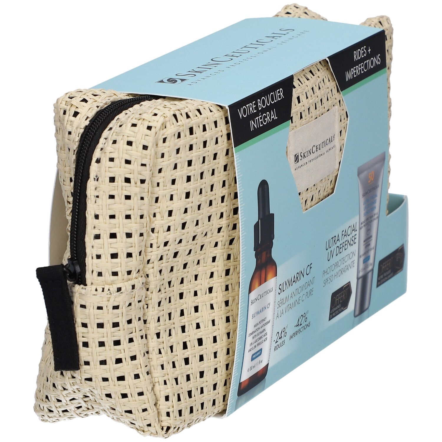 Beige Kosmetiktasche mit Reißverschluss. Aufdruck: SkinCeuticals. In der Verpackung: Serum und Sonnencreme.